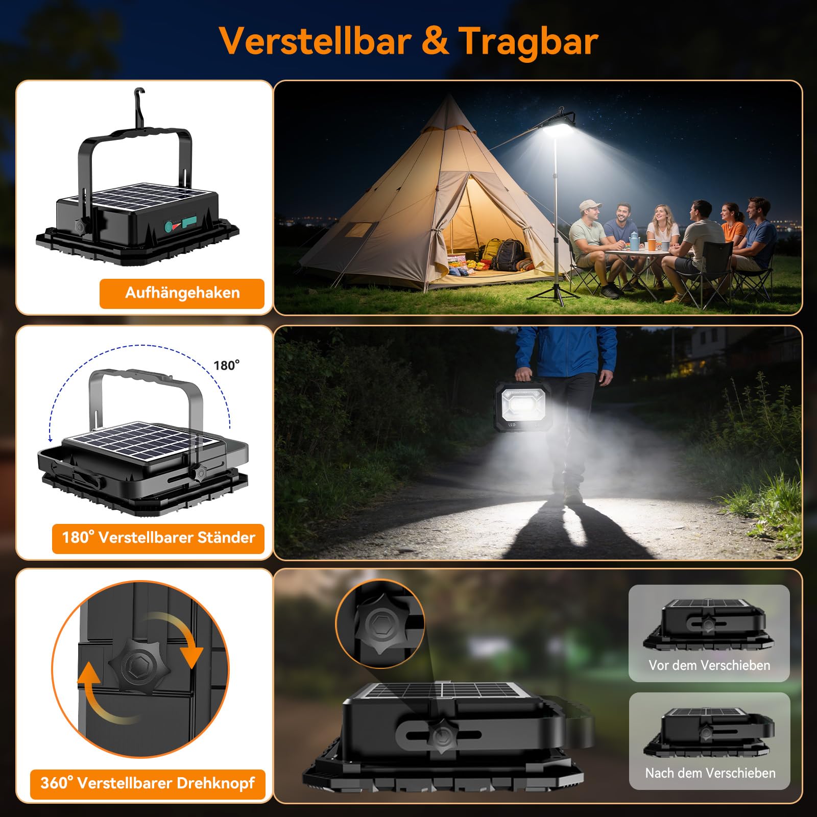 Adewalk 150W LED Baustrahler Akku Solar Arbeitsleuchte Tragbare, 16000LM 16000mAh Akku Arbeitsleuchte USB-Wiederaufladbar, 5 Lichtmodi, Campinglampe Tragbar im Freien für Notfälle, Baustelle, Camping