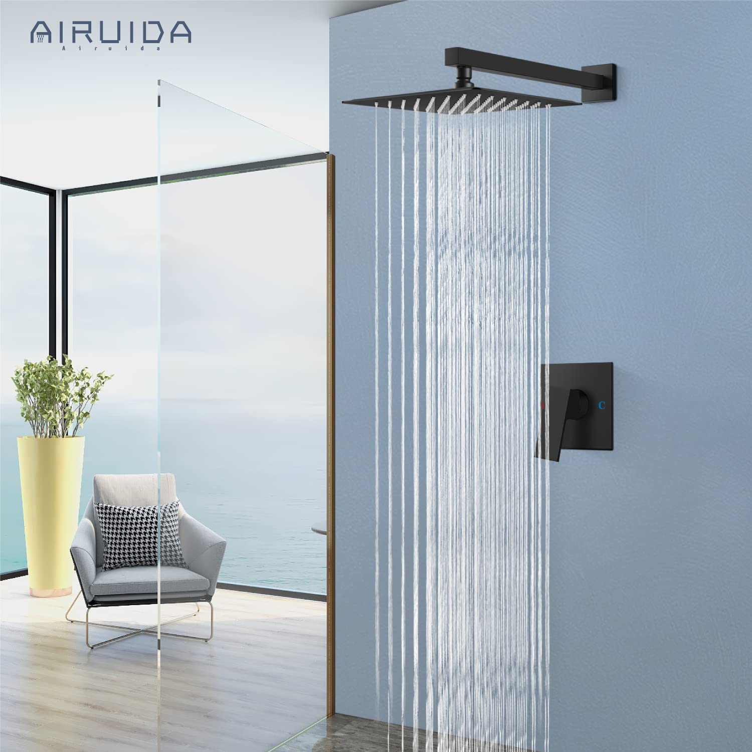 Airuida Matte Black Shower Faucet Set, 12 Inch Square Shower Head Shower System Set, Wall Mount Bathroom Single Function Shower Trim Kit with Male Threads and Rough-in Valve