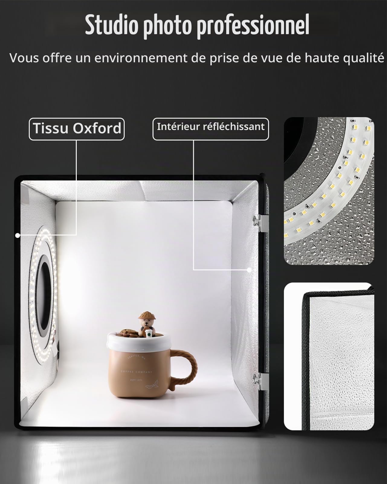 DUCLUS Boîte à Photo 25x25cm, Portable Box Photo Studio avec 104pcs LED Lumière Réglable, 6 Fond Lisse pour Photographie Produit Bijoux/Cosmétique/Nourriture