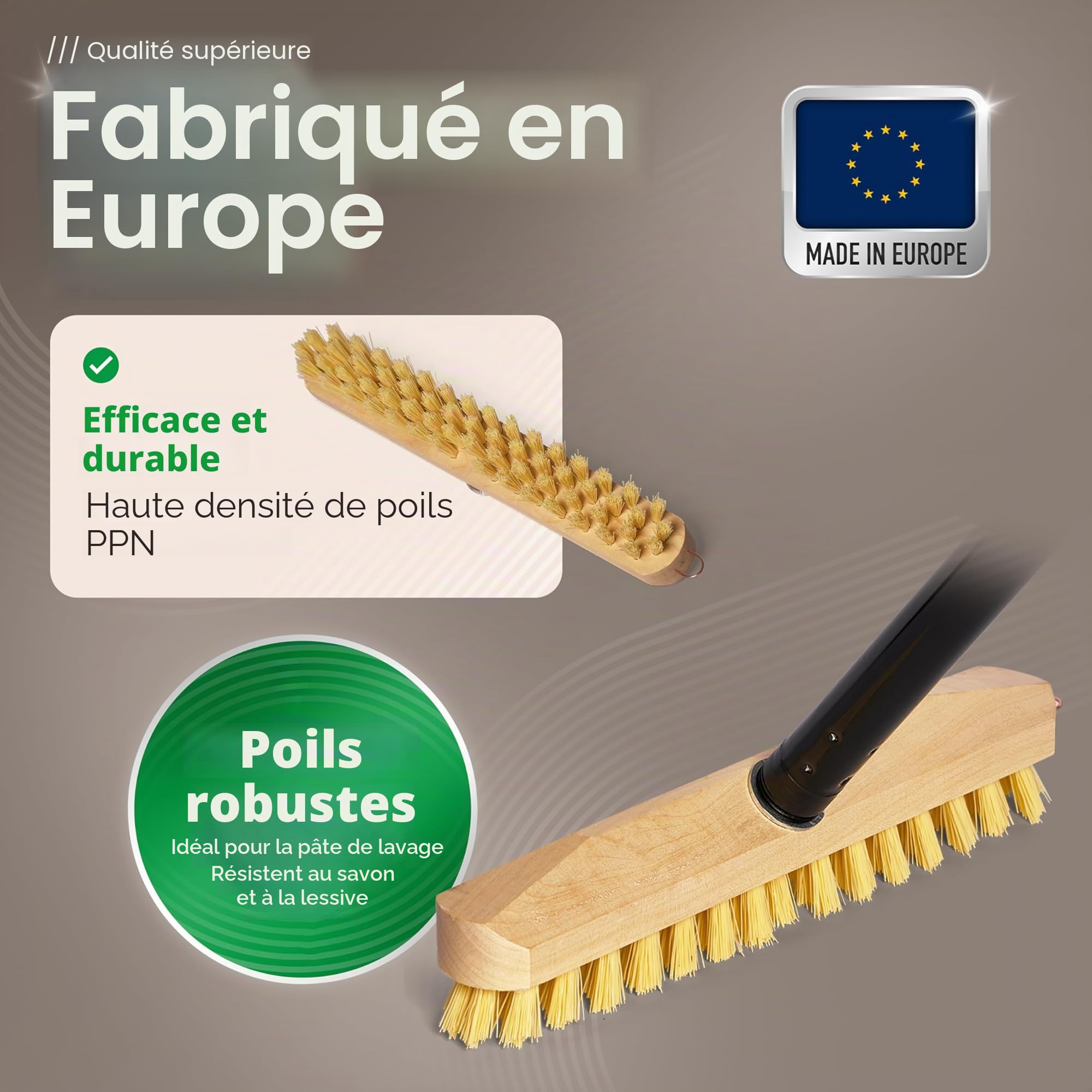 Novaliv Brosse à récurer en bois avec poils - Avec filetage et manche à vis - 4 pièces - Brosse à récurer PPN - Idéale pour nettoyer le balcon, la terrasse, le jardin, l'intérieur et l'extérieur