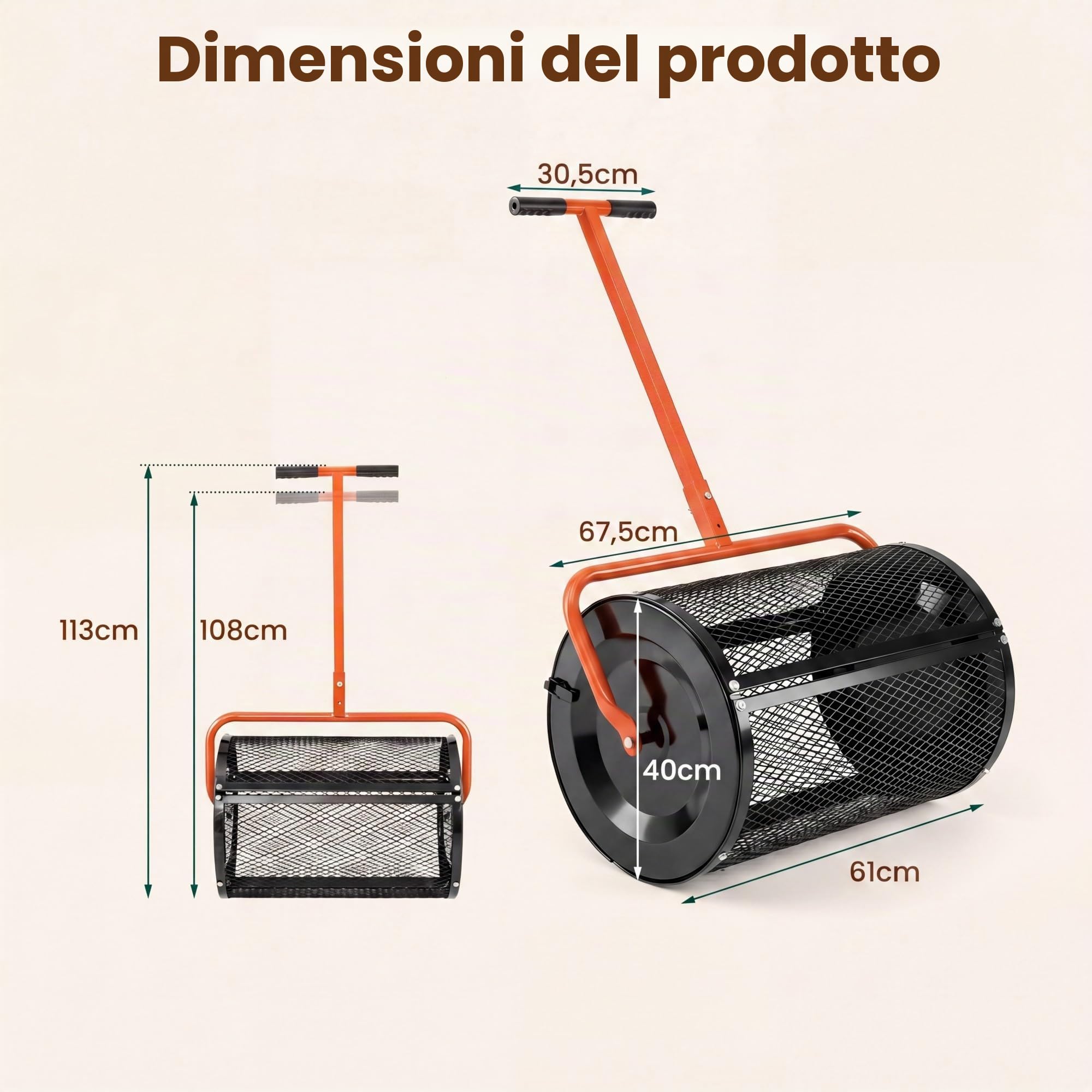 HOMASIS Spandiconcime a Rullo, Rullo da Giardino con Rete Metallica e Manico Regolabile in Altezza, Spanditore per Compost con Chiusure Laterali e Perno a Apertura a B per Cortile e Prato (Arancione)