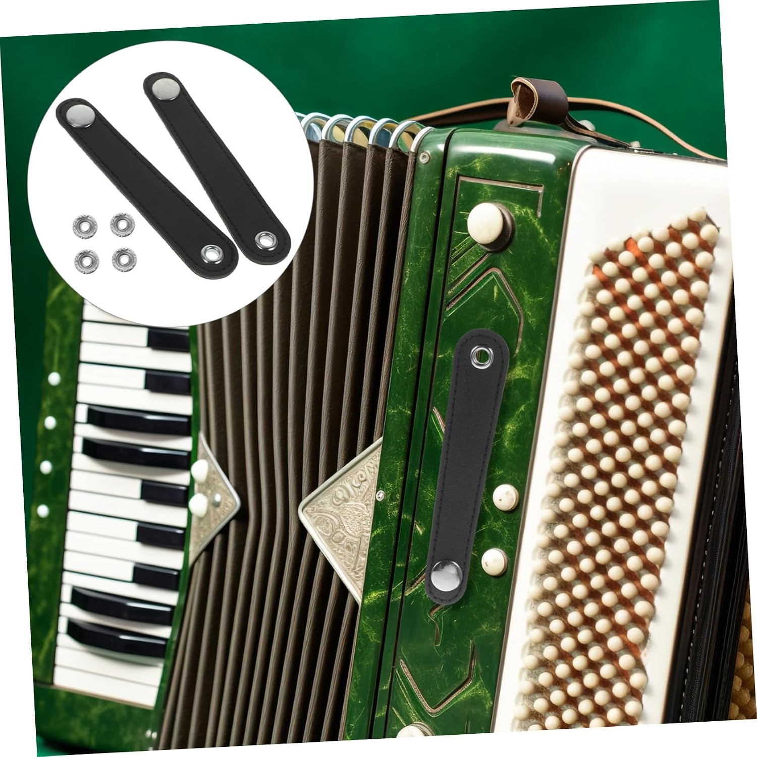 Universal Accordion Bellows Strap Set with Buckles, Black Leather