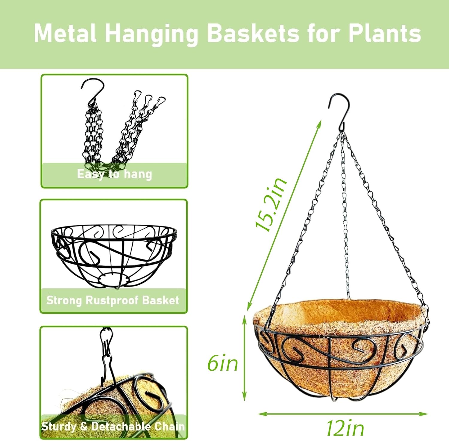 Hanging Planters for Outdoor Plants,2 Pack 12 inch Wire Hanging Baskets with Coco Coir Liner,Hanging Flower Basket for Indoor,Outdoor Garden Decoration
