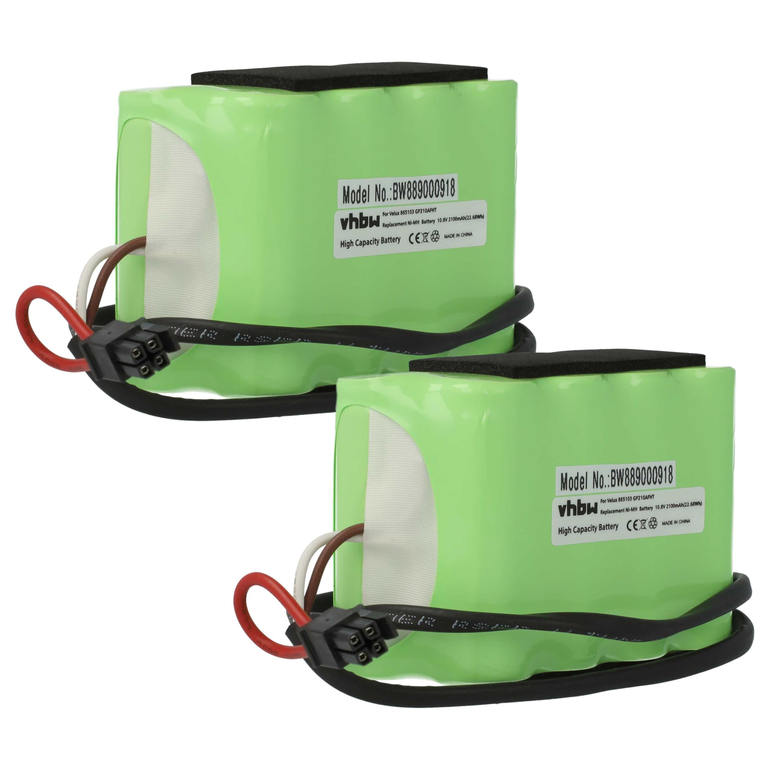 vhbw 2x Battery Replacement for Velux GP210AFHT, 865103 for Roof Window Roller Blind (2100 mAh, 10.8 V, NiMH, with Cable)