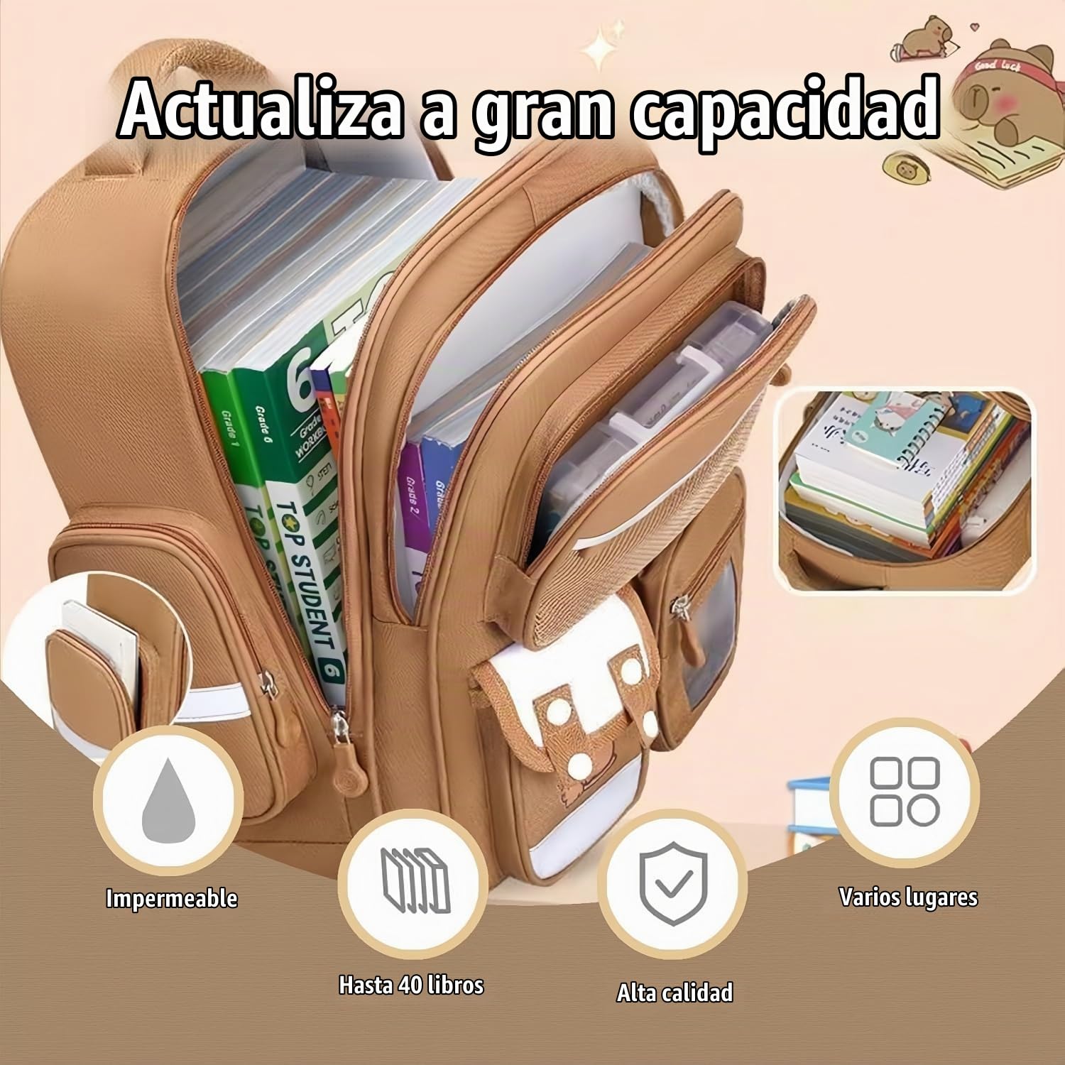 Genérico Mochilas Capibara, Kit de Escolar Capibara,Mochila de Capybara Niña, Mochila Capibara Escolar Grande Conjunto con Bolsa de Almuerzo, Set de Regalo Bonito para Niños & Estudiantes