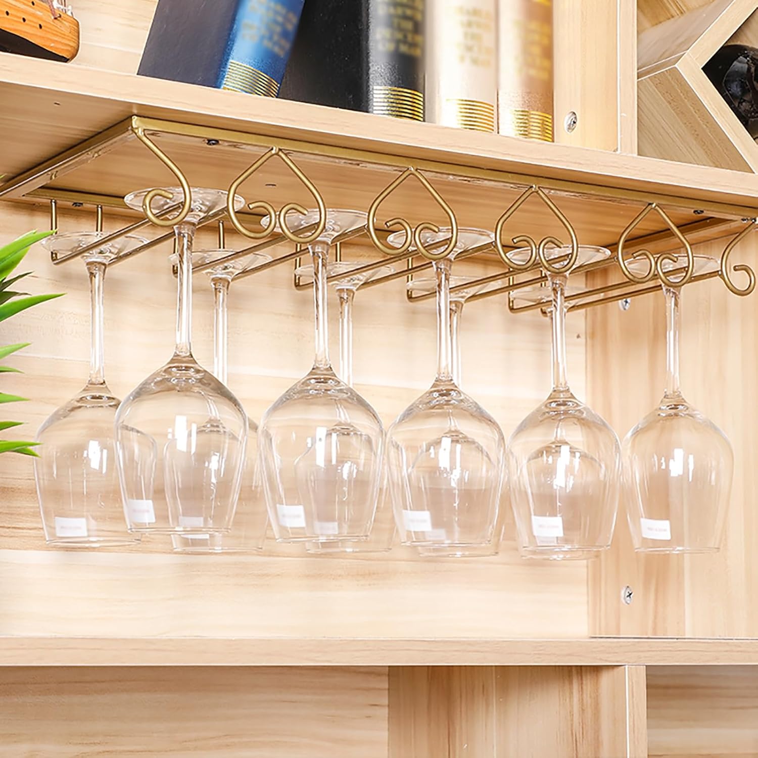 Glasses Display Tree Stemware Rack Wine Glass Holder Under Shelf Metal Hanging Organizer Wine Glass Holder Shelf for Kitchen Home Bar Mount Under Cabinet, Gold, 50cmx22.5cm/19.7inx8.8in