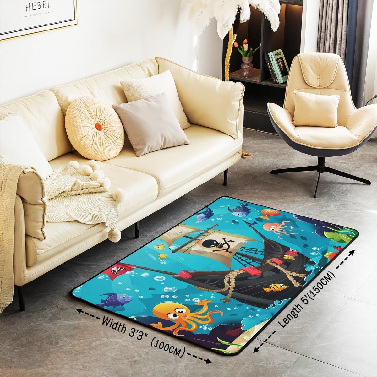 Cartoon Pirate Ship Area Rug 3x5 for Bedroom Playroom Marine Adventure Living Room Rugs Underwater Fish Carpet Non Slip Cute Octopus Jellyfish Decorative Area Rugs Non Shedding