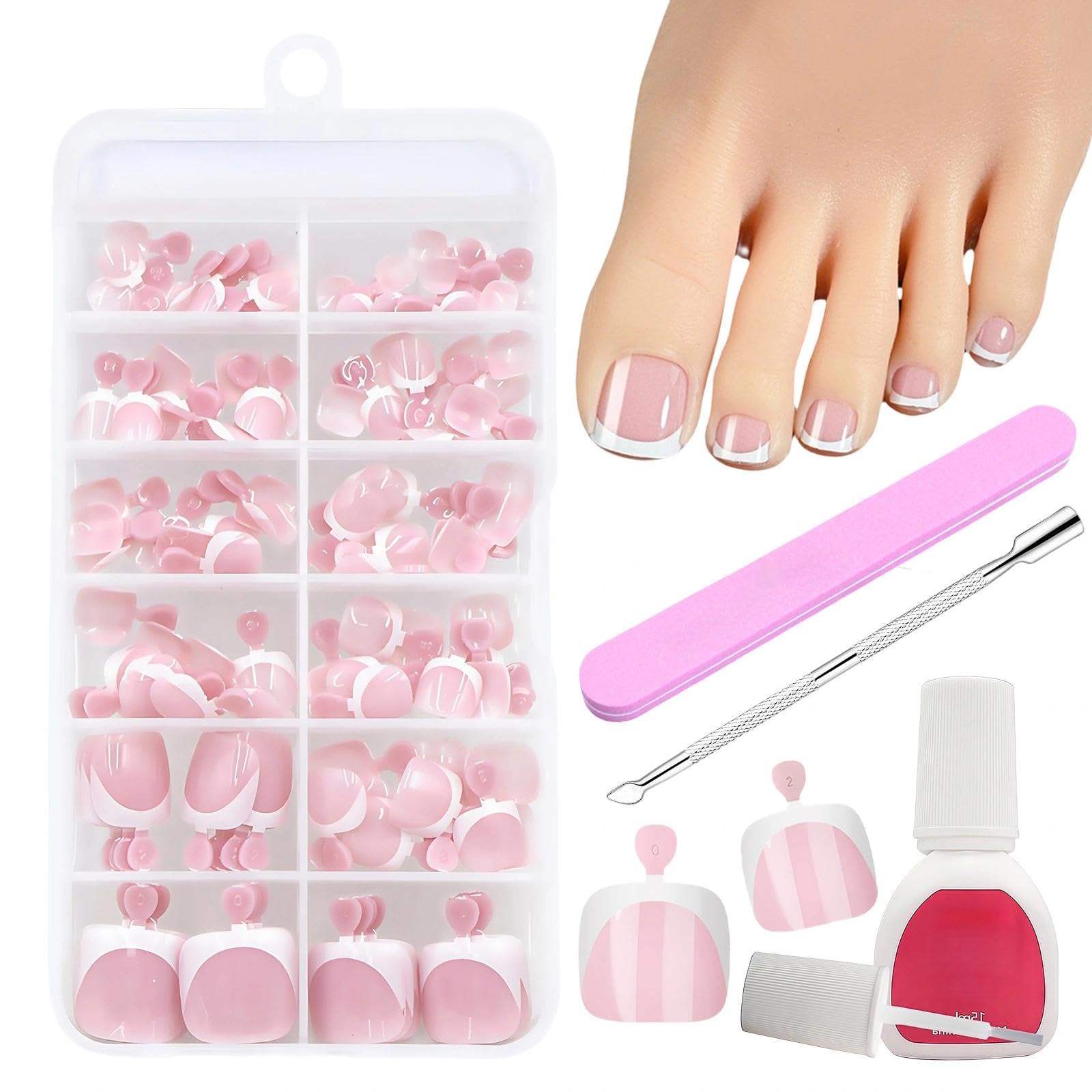 120PCS Fake Toe Nails Set - Short Square French Tip Toe Nails False - Stick On Press On Toes Nail for Women - Nail Art DIY Gift