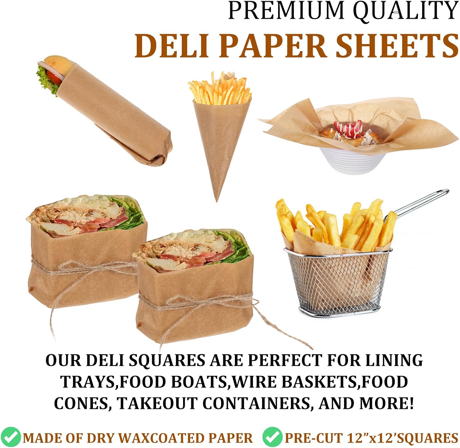 JOUTYFOR Home 12 x 12 Grease Proof Deli Wrappers (500 Pack) - Pre Cut Natural Wax Paper Sheets - Recyclable Food Basket Liners Deli Squares For Sandwiches, Lining Wire Food Baskets, Foods Tray