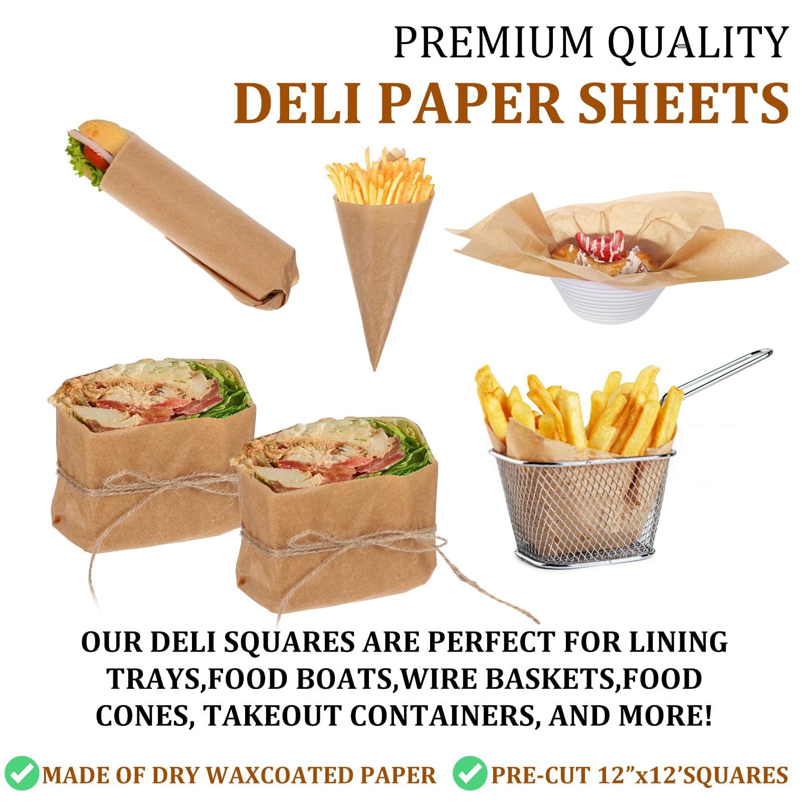 Home 12 x 12 Grease Proof Deli Wrappers (500 Pack) - Pre Cut Natural Wax Paper Sheets - Recyclable Food Basket Liners -Kraft Deli Squares For Sandwiches, Lining Wire Food Baskets, Food Tray