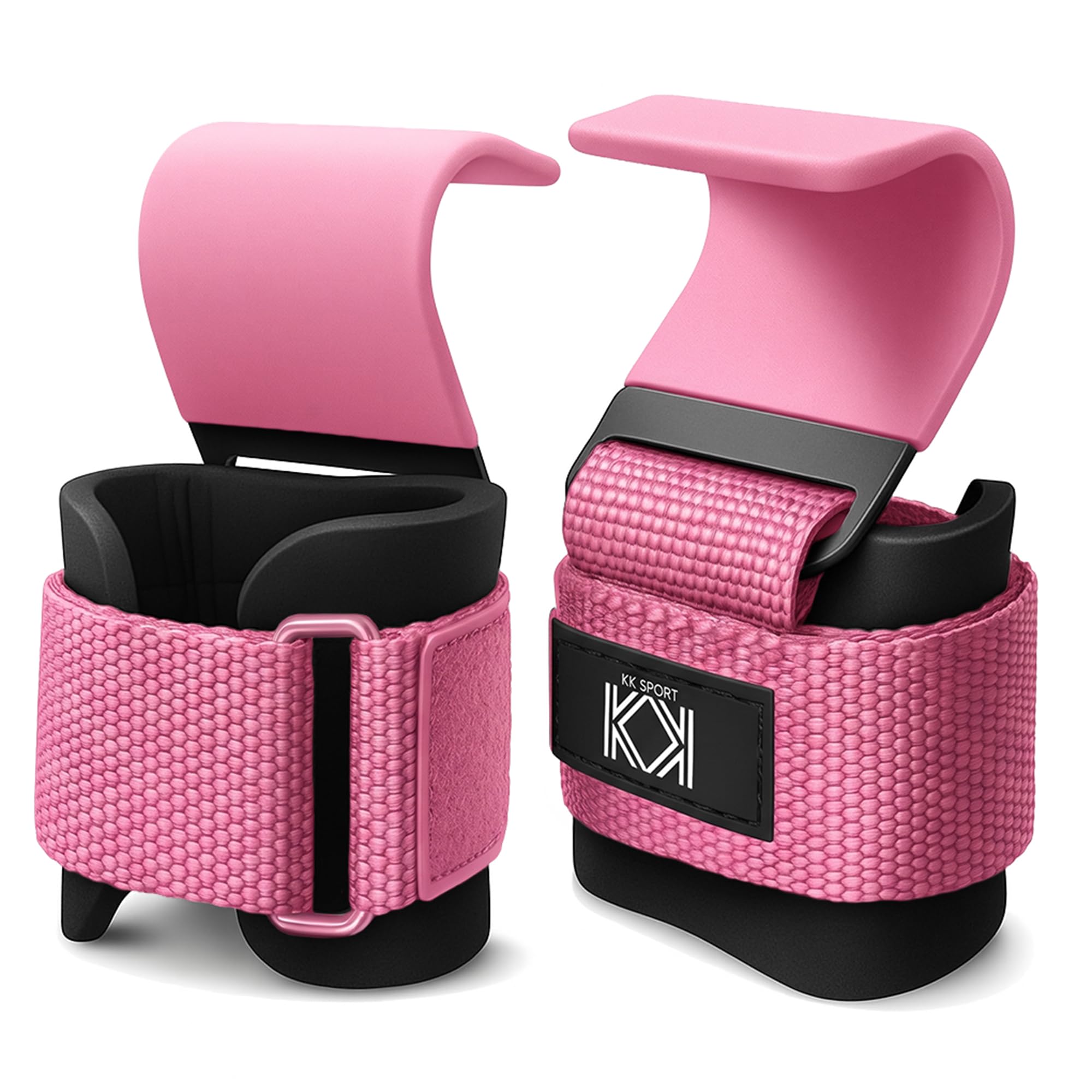 KK Weight Lifting Hooks with Wrist Straps – Heavy Duty Pull Up Hooks for Deadlifts, Rows, Shrugs & Lat Pulldowns – Non-Slip Steel Lifting Hooks for Men & Women-Pink