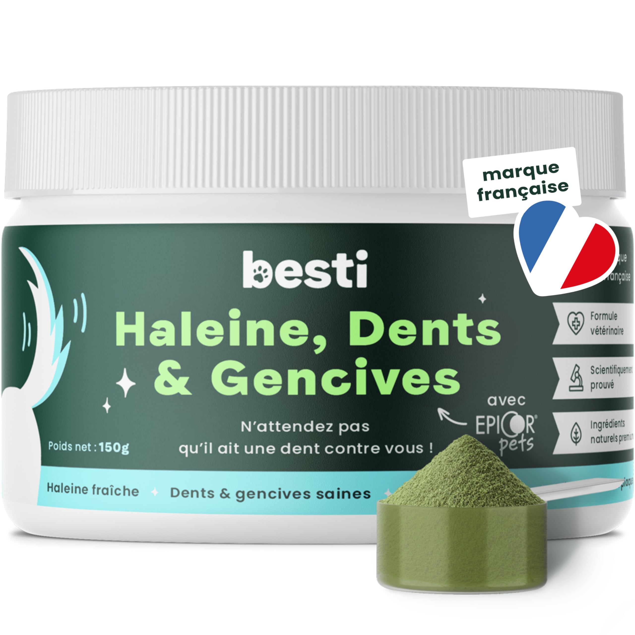 BESTI - Haleine, Dents & Gencives | Poudre Dentaire pour Chiens | Anti-Tartre, Mauvaise Haleine | Pré Post Probiotiques Naturels | Marque Française - Formule Vétérinaire | Eucalyptus | 75 Doses | 150g