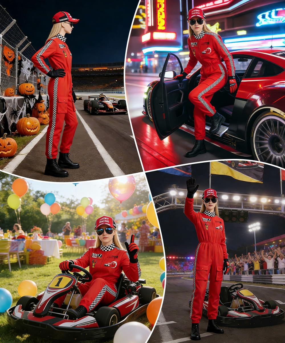 Costume da Pilota di Auto da Corsa per Donna, Racer Overall Outfit con Guanti, Cappello e Occhiali da Sole, Costume da Gioco di Ruolo Adulti, Tuta da Pilota per Carnevale Cosplay Halloween