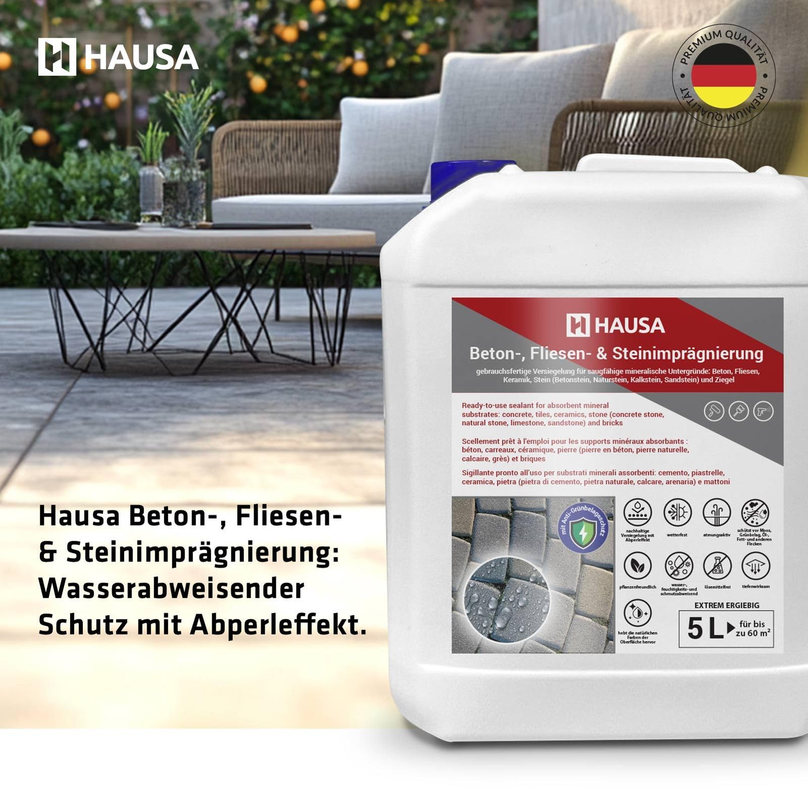 Hausa Steinimprägnierung 10L für ca.120m² Versiegelung für Außen & Innen, Schutz vor Schmutz, Grünbelag, Imprägnierung für Stein Beton Fliesen Ziegel, Abperleffekt, wasser- & schmutzabweisend