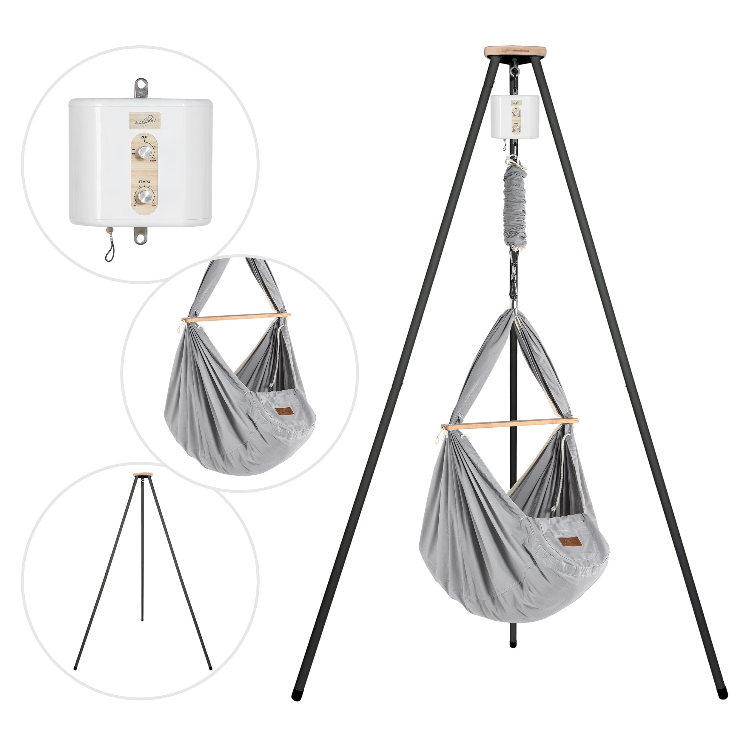 SCHMUSEWOLKE Berceau à ressorts Gris – Ensemble avec cadre en tipi blanc – Hamac pour bébés et tout-petits de la naissance à 3 ans – Coton bio – Avec matelas en laine de mouton