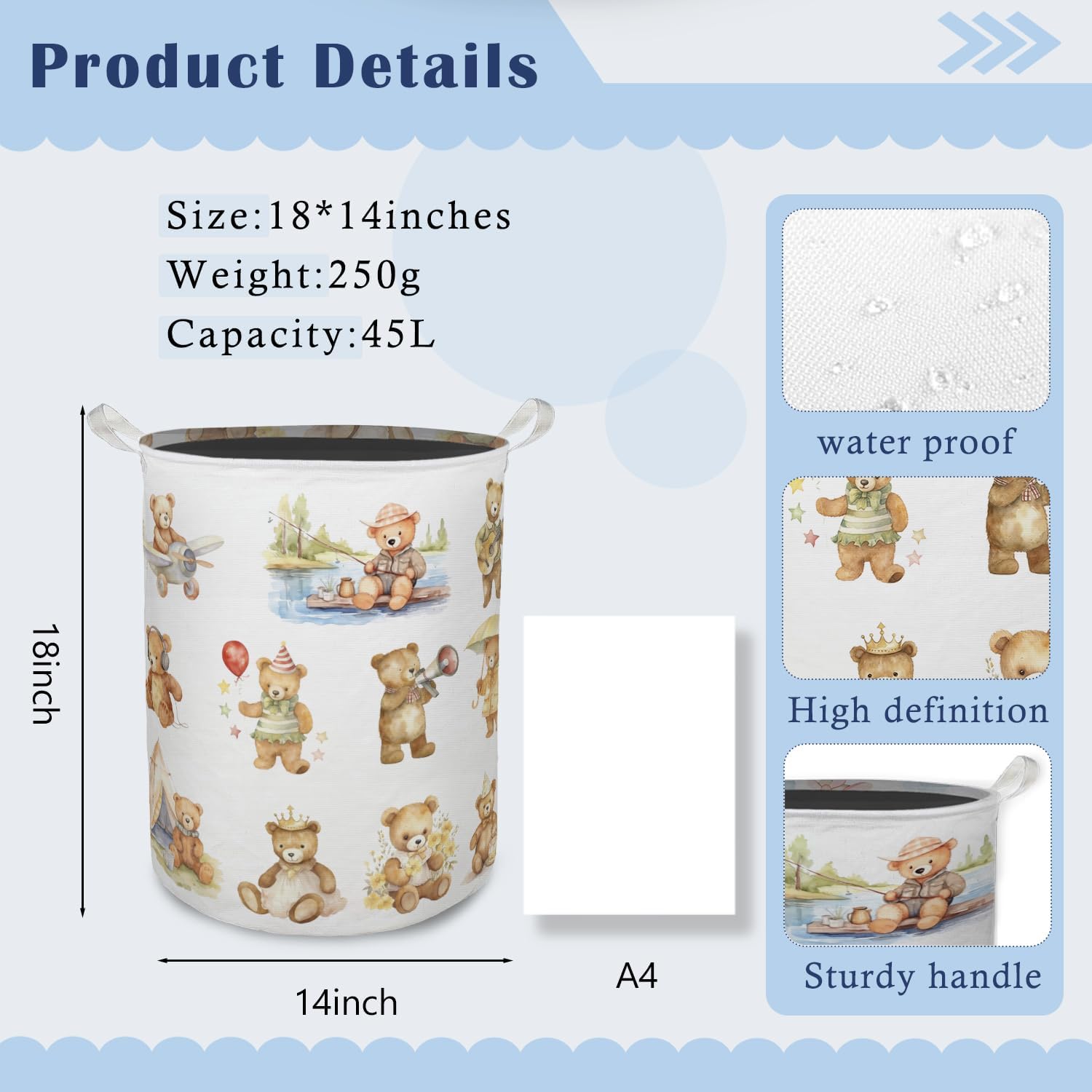Teddy Bear Sports Laundry Basket Hamper, Bear Nursery Decor, Kids Foldable Clothes Toys Books Storage Box Bins Baskets Organizer for Toddler Kids Bedroom Playroom Bathroom