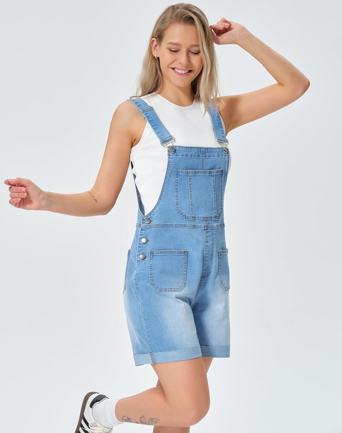 roswear Denim Overall Shorts for Women Stretchy Jumpsuits with Adjustable Strap Cuffed Hem - Image 2
