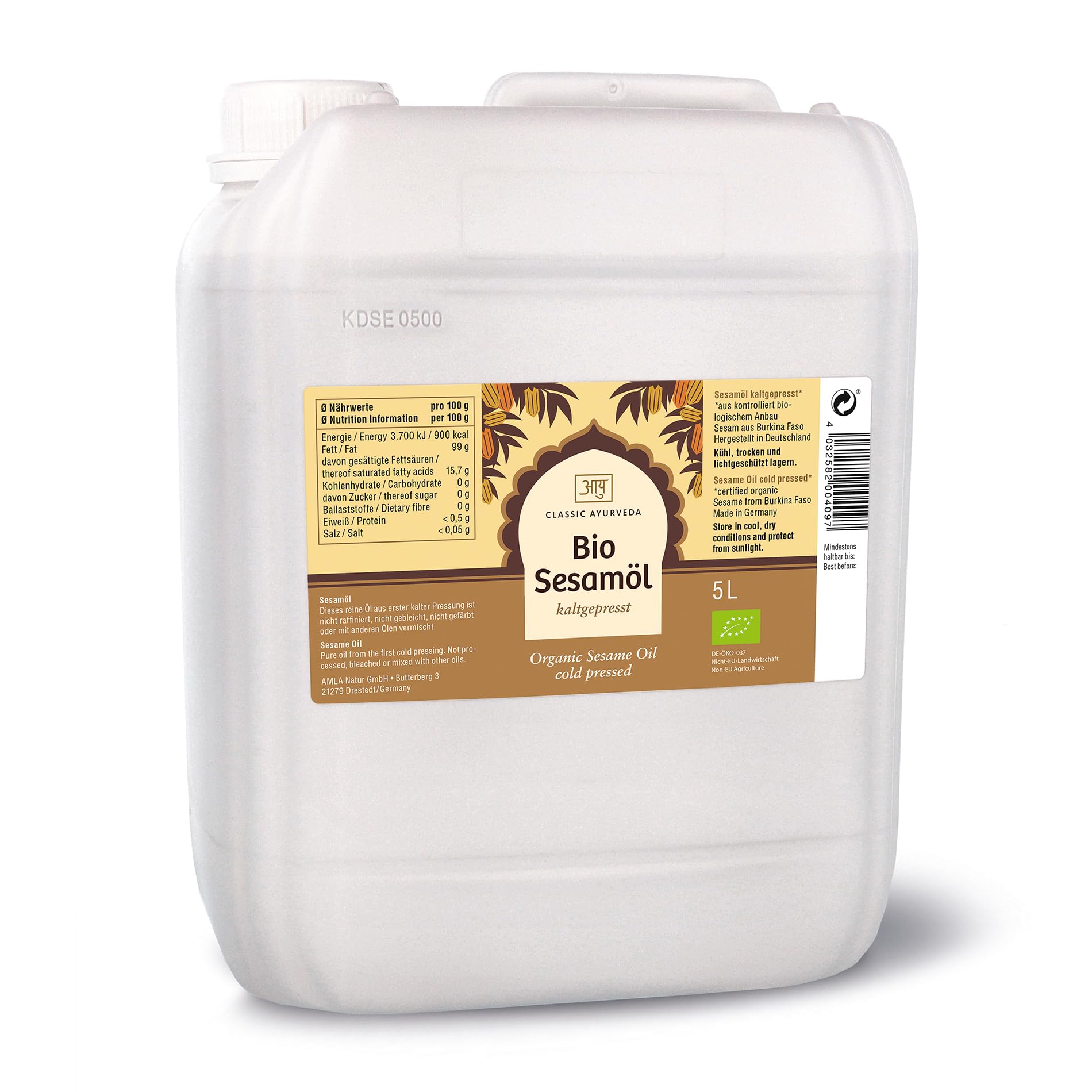 Classic Ayurveda Bio Sesamöl - 5 Liter - Kaltgepresst zum Kochen & Braten, Sesame Oil, reines Sesam Öl mit nussigem Geschmack, nicht gebleicht & nicht gefärbt