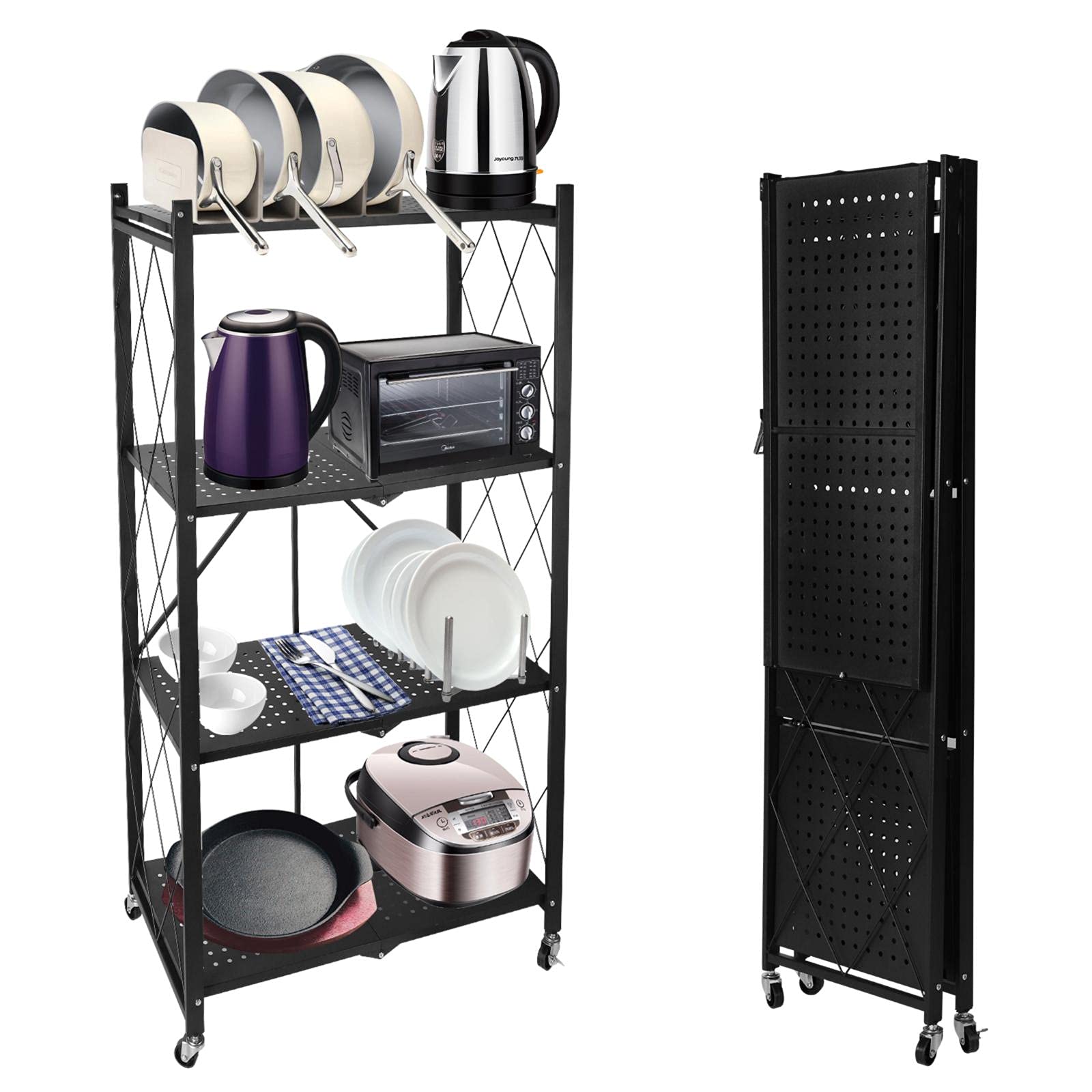 WREA 4 Tier Foldable Kitchen Shelf, Storage Shelves with 4 Wheels, Metal Black Storage Rack Folding Bookcase No Assembly for Home Office Garage Garden Bedroom Closet Use Heavy Duty 110 lbs/Tier
