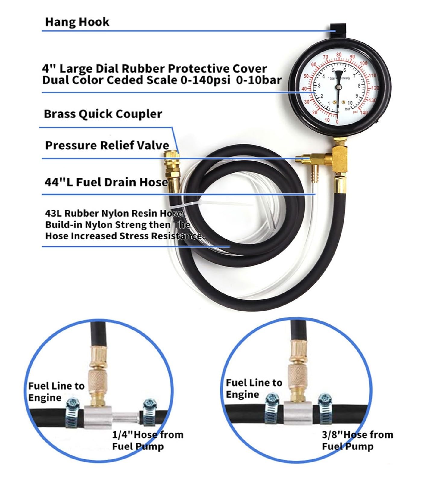 Kit de comprobador presión inyección Combustible for automóvil, 0-140 PSI, Juego Herramientas for Bomba Sistema automático, for Gasolina Motor