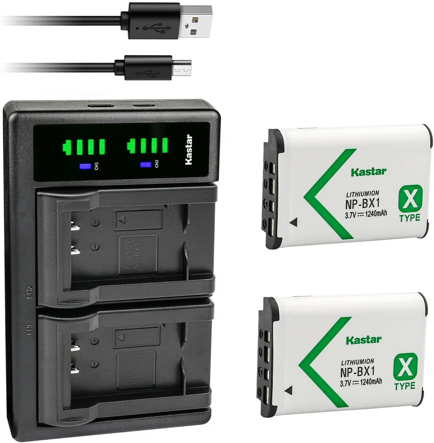 Kastar 2-Pack NP-BX1 Battery and LTD2 USB Charger Replacement for Sony Cyber-Shot DSC-WX500, FDR-X1000V, FDR-X3000, HDR-AS10, HDR-AS100V, HDR-AS15, HDR-AS20, HDR-AS200V, HDR-AS30 Digital Camera