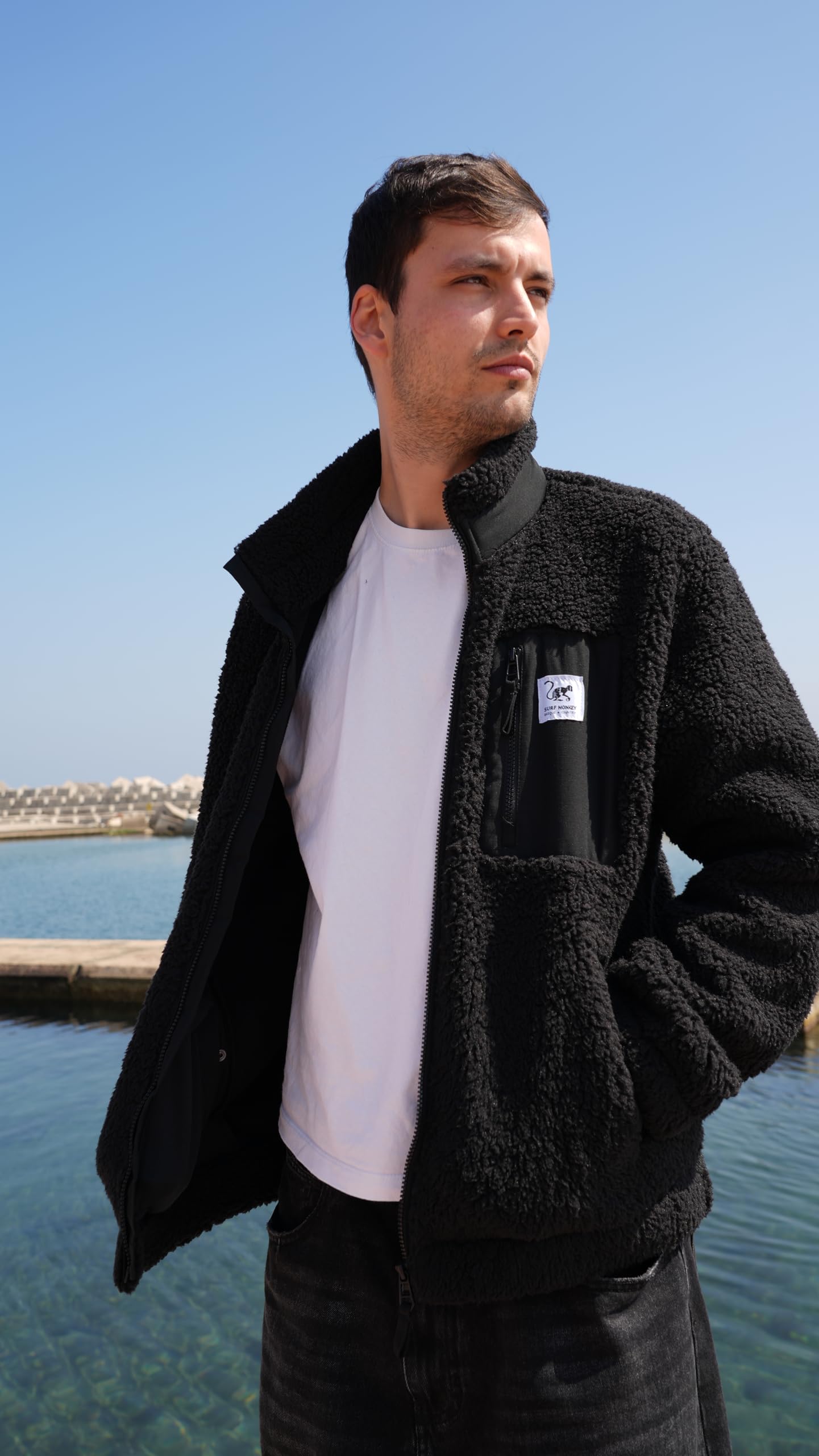 Surf Monkey Sherpa-Fleecejacke mit Reißverschluss, Brusttasche, langärmelig, klassische Passform, recycelt