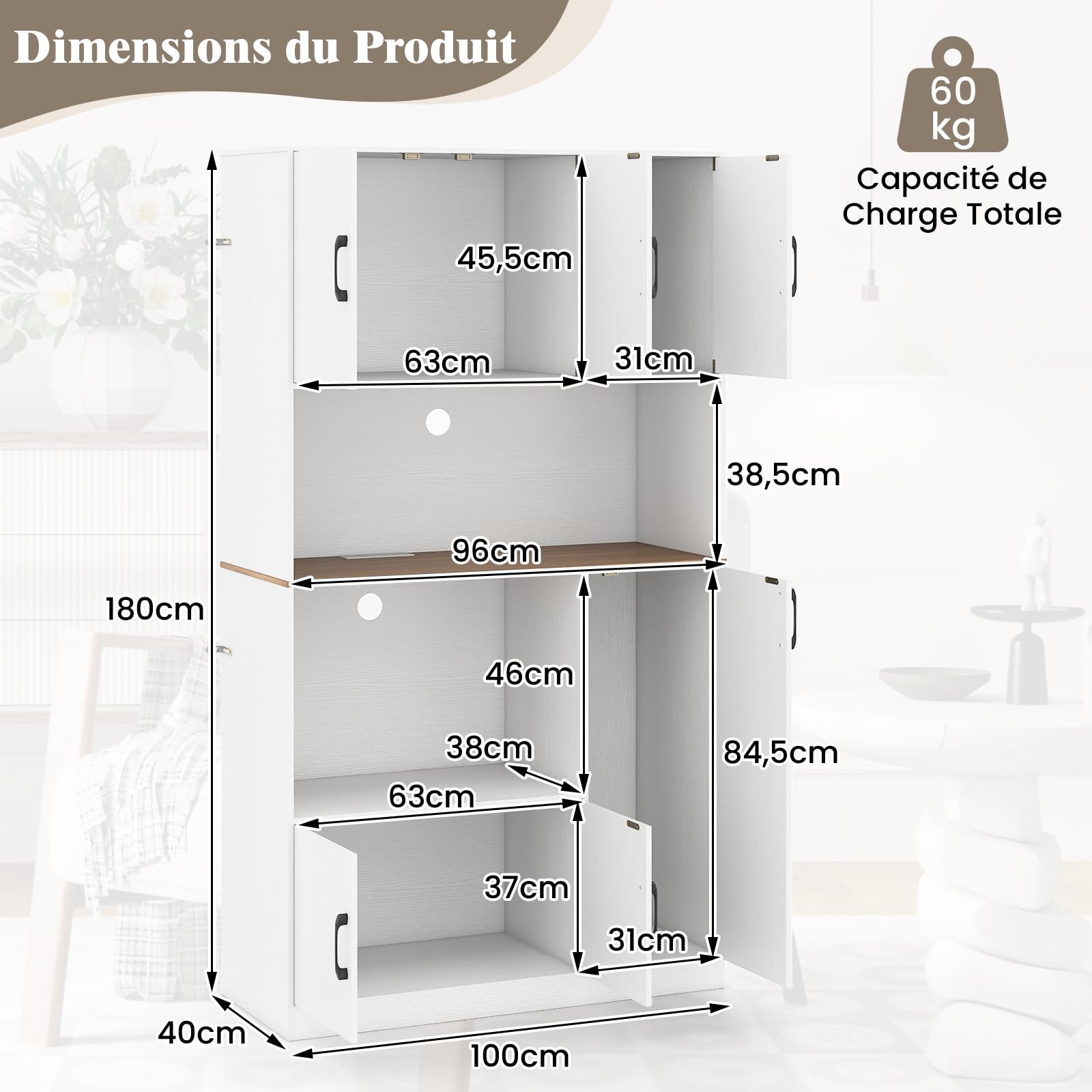 COSTWAY Armoire Cuisine Rangement 180 CM avec Prise, Buffet Vaisselier Cuisine 4 Placards, Plan de Travail, Support Micro-Ondes, Moderne, Meuble Rangement pour Salle à Manger, Salon (Blanc)