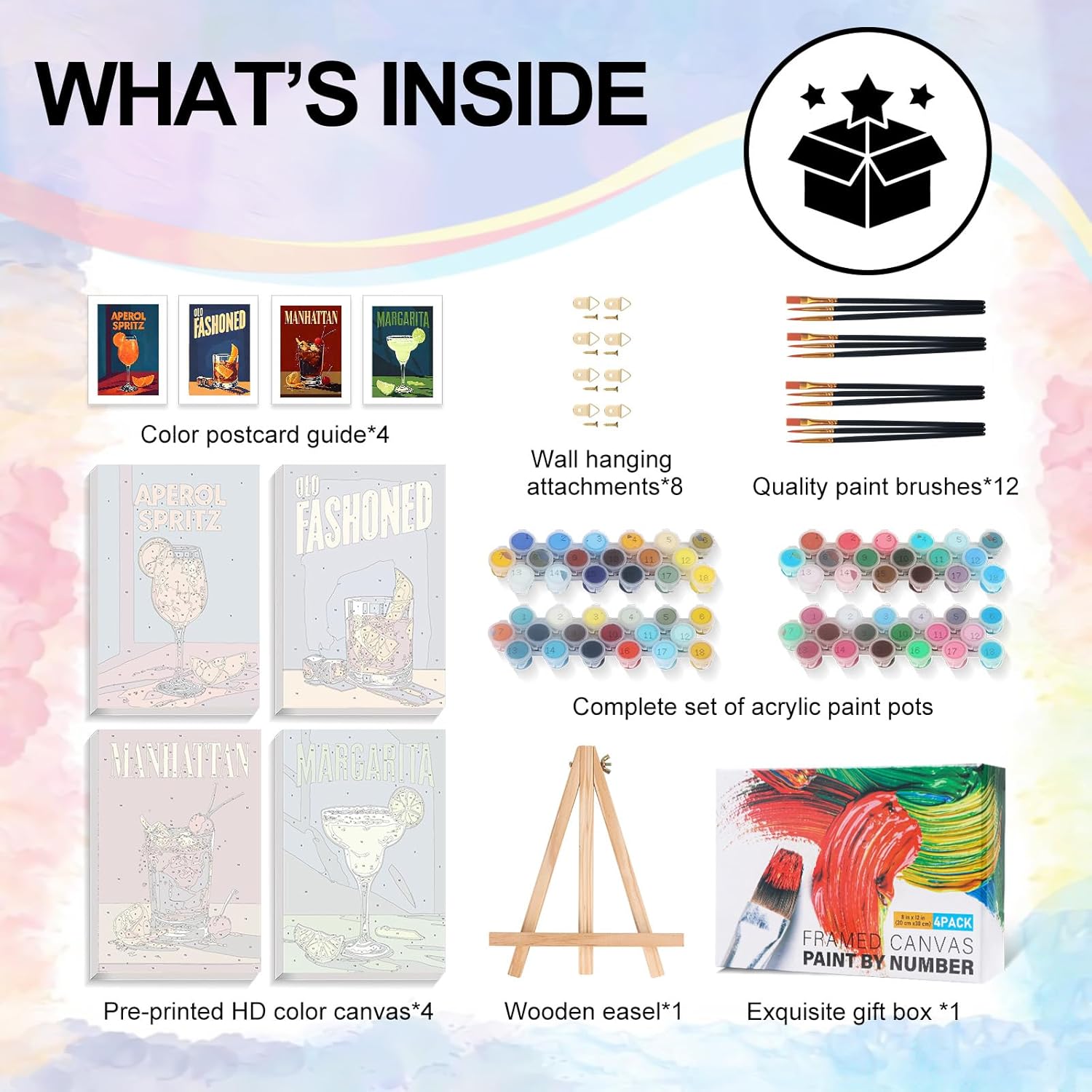 4 Pack Framed Paint by Numbers Kit for Adults Beginner with Wooden Easel, Cocktail Paint by Number Kits with Frame, DIY Acrylic Cocktail Painting by Numbers for Home Wall Decor Gift 8x12 inch