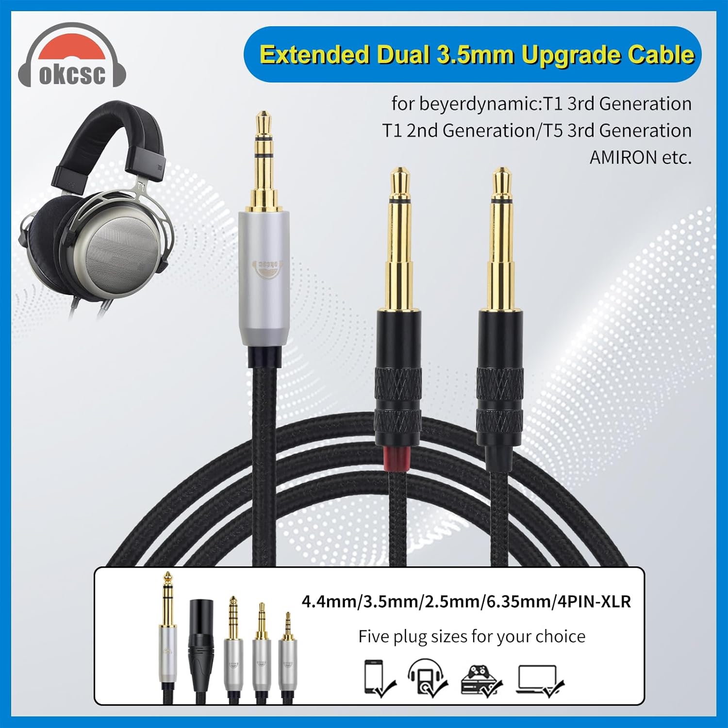okcsc Dual 3.5mm to XLR Headphone Cable for DENON AH-D9200 AH-D7200/D5200/D7100/D600 Headphones for HiFiman MDR-Z7, Arya, SUNDARA, Ananda, 4-Core Nylon Braided OFC Upgrade Cable 6.56FT XLR