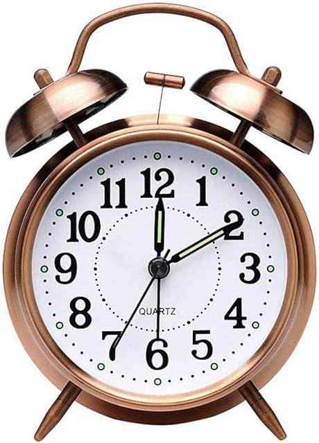Retro Alarm Clock, Old Fashioned Bedside Alarm Clock with Non Ticking Twin Bell, Vintage Battery Operated Analogue Quartz Loud Alarm Clock with Night Light for Bedroom Brown