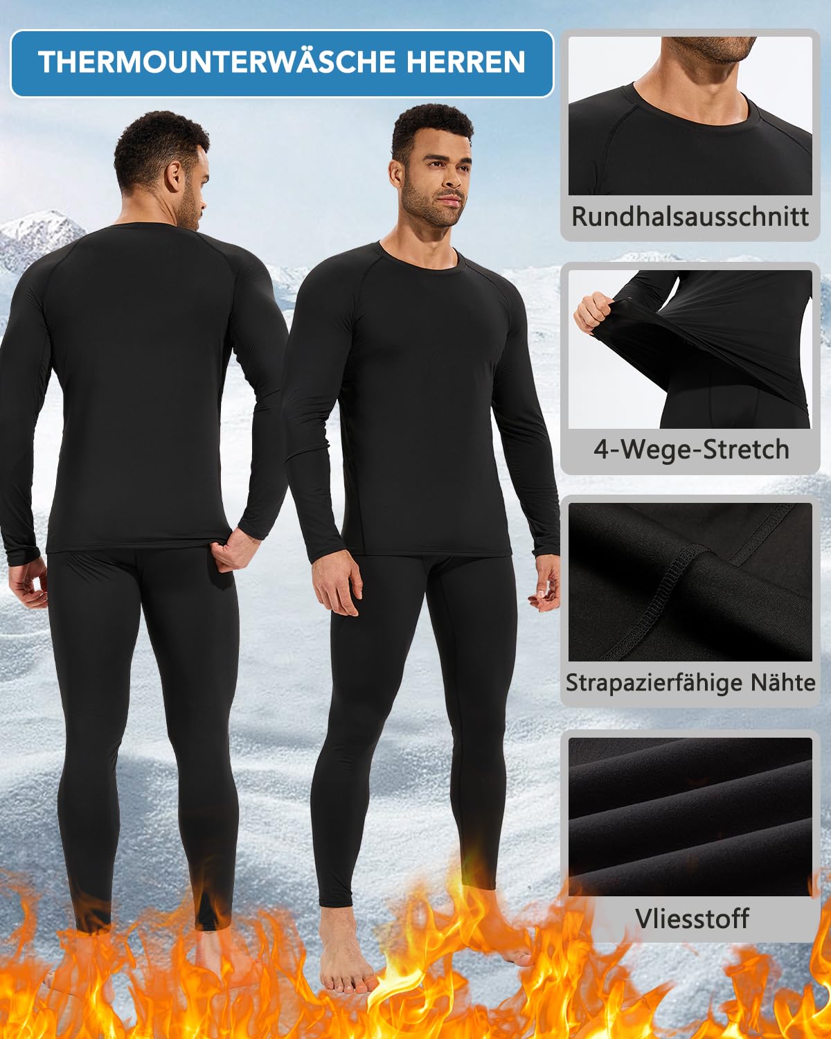 4 Pack Thermounterwäsche Herren Winter Innenfleece Funktionsunterwäsche Langarm Skiunterwäsche Herren Atmungsaktiv Thermo Oberteil Funktionsshirt