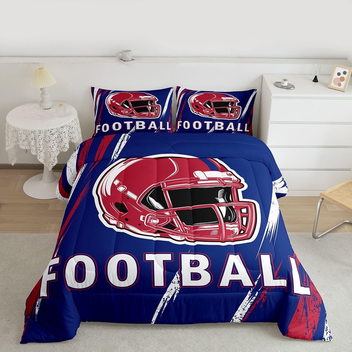 Erosebridal Football Sports Bedding Sets for Boys Room Decor, Football Color Queen Comforter Set for Kids Men Women Sports Fans Rugby Decor Duvet Insert with 2 Pillowcases