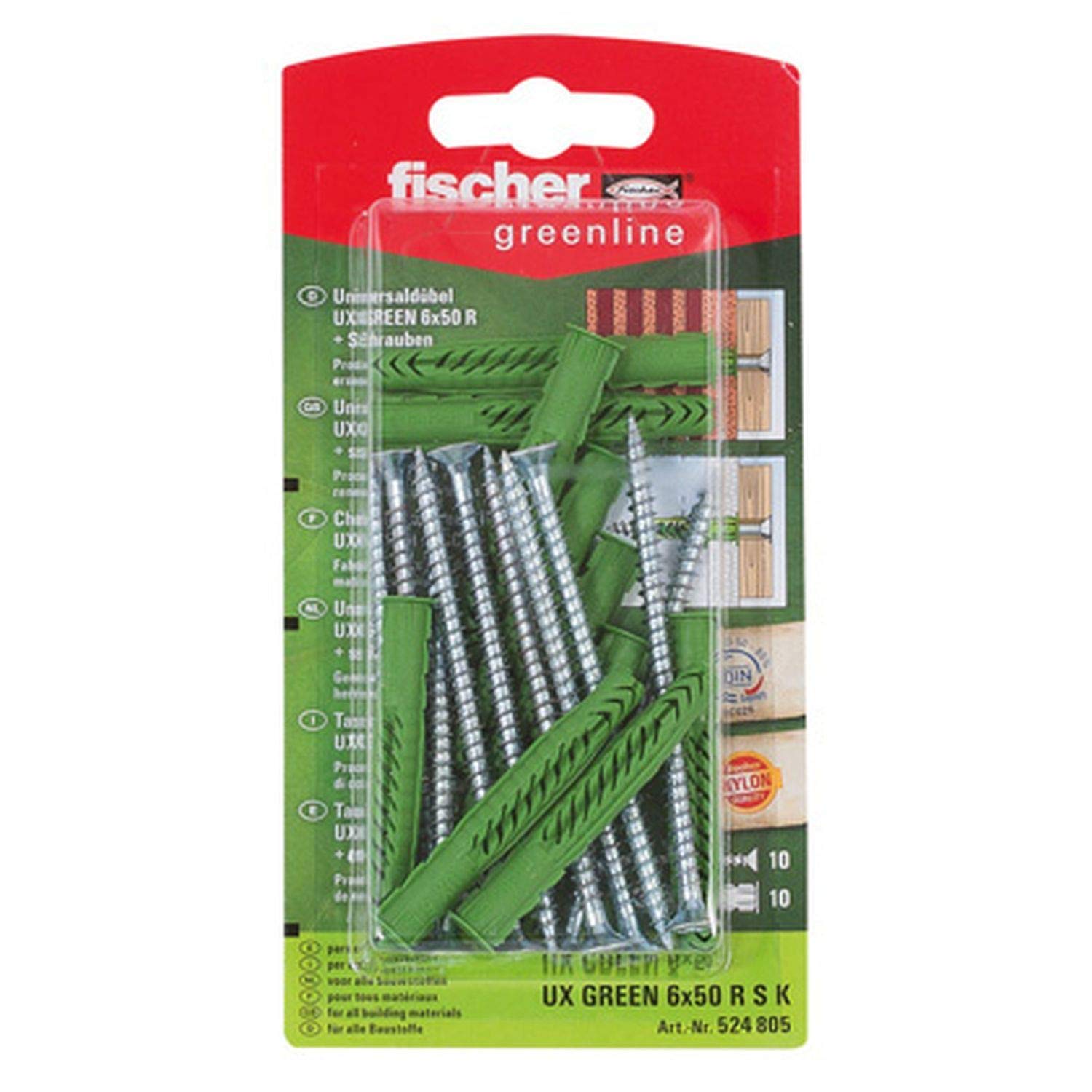 Fischer524805 6 x 50 mm UX R S K "Greenline" Universal Plug - Multi-Colour (10-Piece)