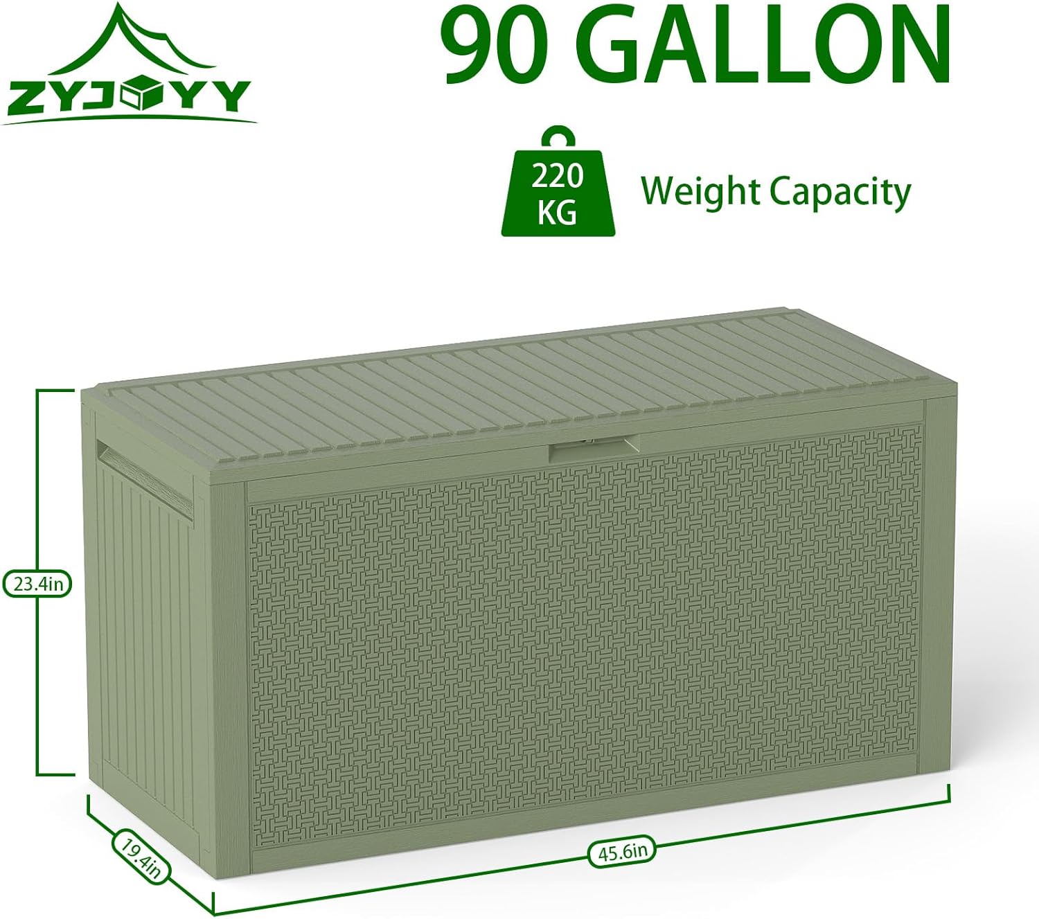 ZYJOYY Outdoor Storage Box, 90 Gallon Deck Box, Waterproof Resin Storage Bin for Patio Cushions, Gardening Tools, Lockable, UV Resistant,Olive Green - Image 2