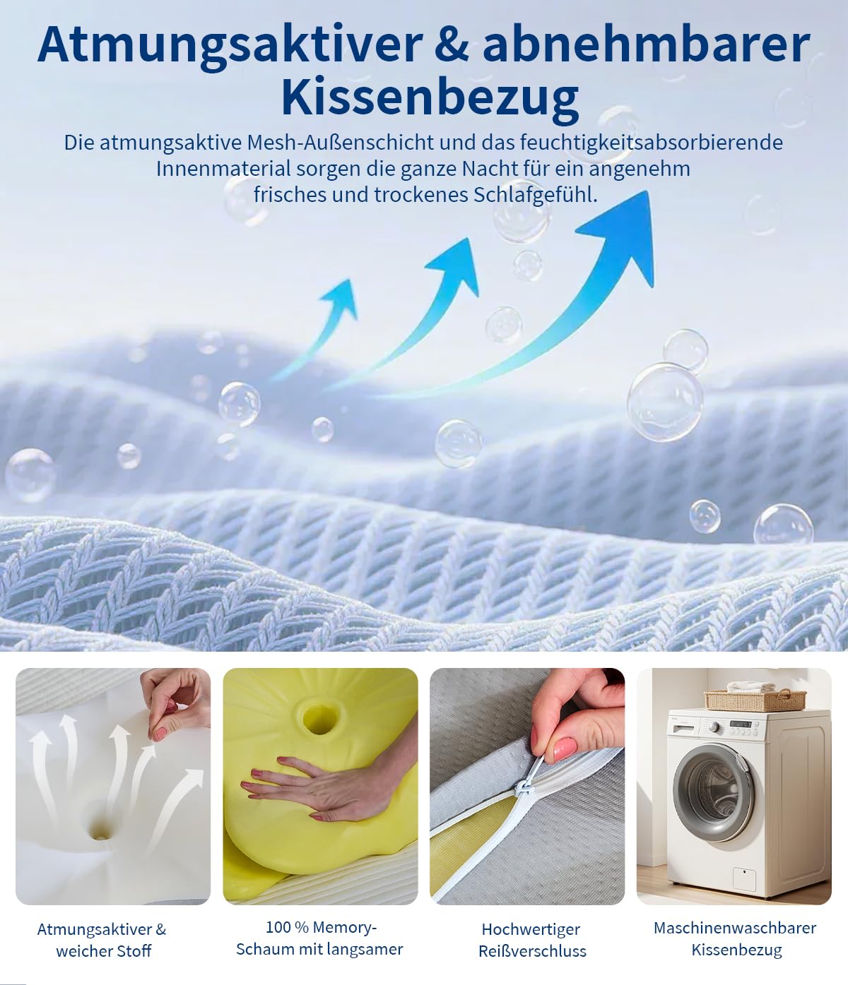 Nackenstützkissen, Memory Foam Kissen mit Nackenunterstützung | Ergonomisches Konturdesign mit atmungsaktivem, abnehmbarem Kissenbezug für Seiten-, Rücken- und Bauchschläfer