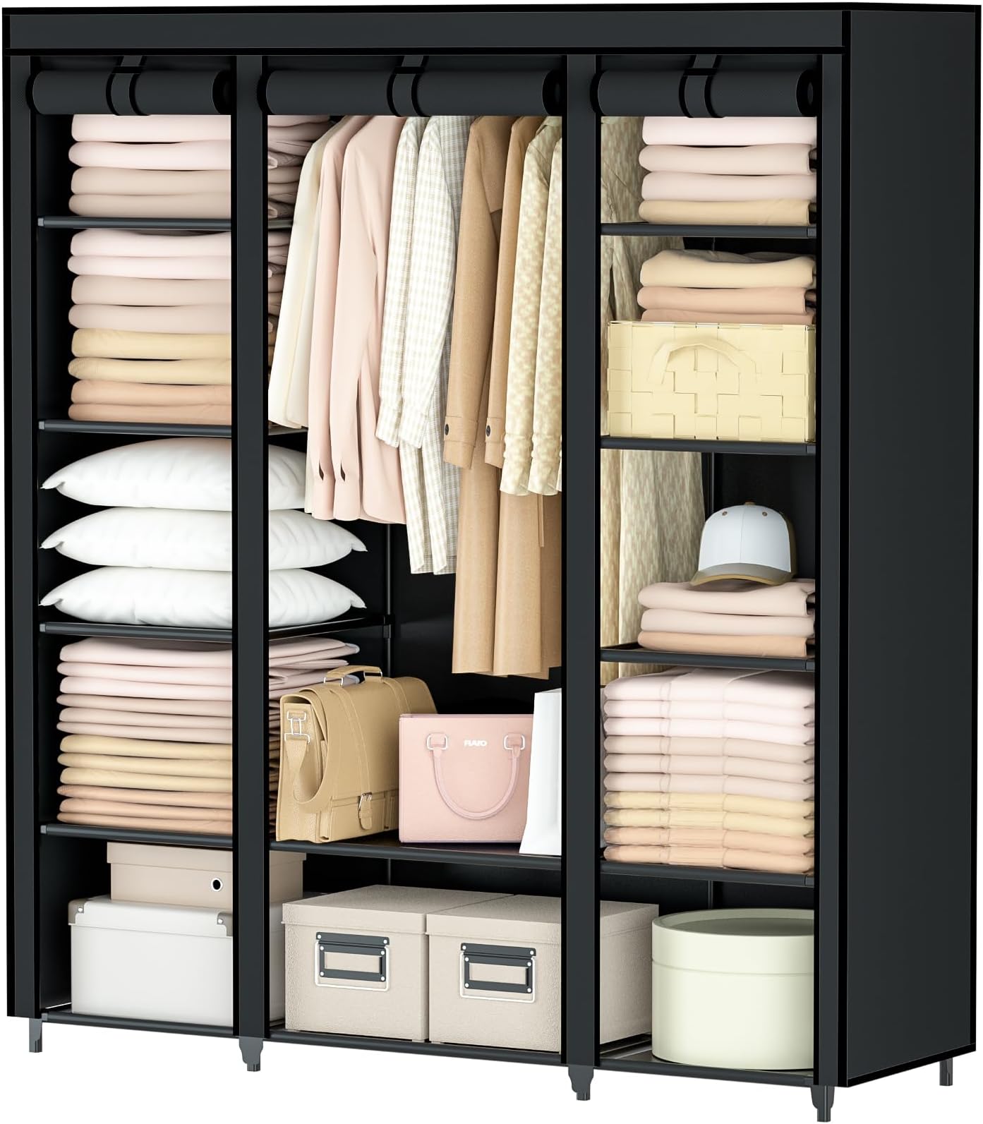 BALEINE Portable Wardrobe Closet, 12 Compartment Dresser for Bedroom, Black