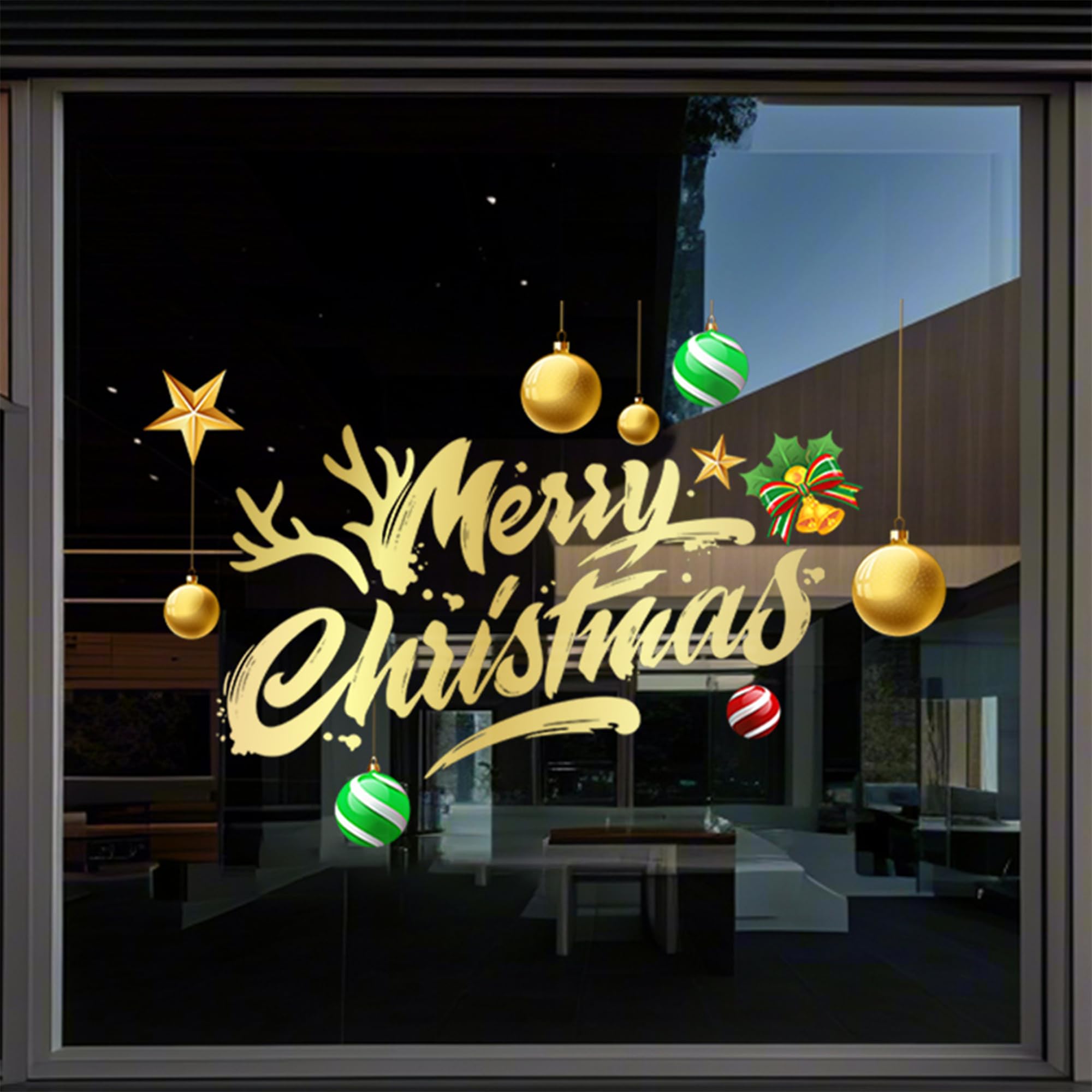 Large Merry Christmas Window Stickers Decorations - Gold Bauble & Lettering Design, Festive Shop Window Decorations for Holiday Display, Reusable Xmas Window Decorations (Merry Christmas)