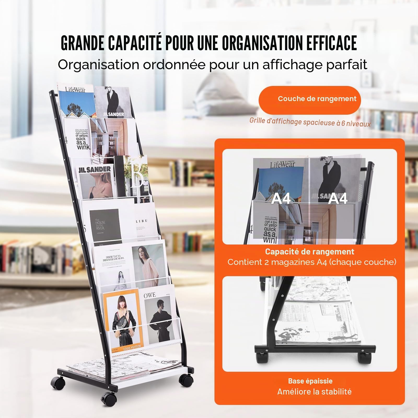 VEVOR Présentoir à Brochures 6 Niveaux, Porte-Brochures sur Pied avec 4 Roulettes (2 Verrouillables), Porte-Revue Cartes de Vœux, Magazines, Journaux, pour Magasin Bureau Salon Foire Exposition