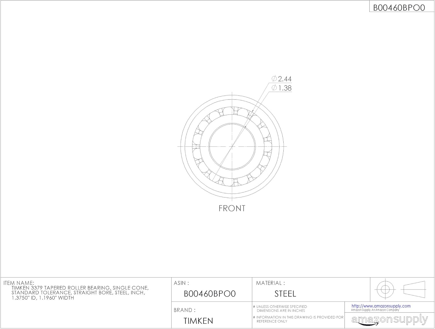 TIMKEN 3379 Tapered Roller Bearing, Single Cone, Standard Tolerance, Straight Bore, Steel, Inch, 1.3750"" ID, 1.1960"" Width"