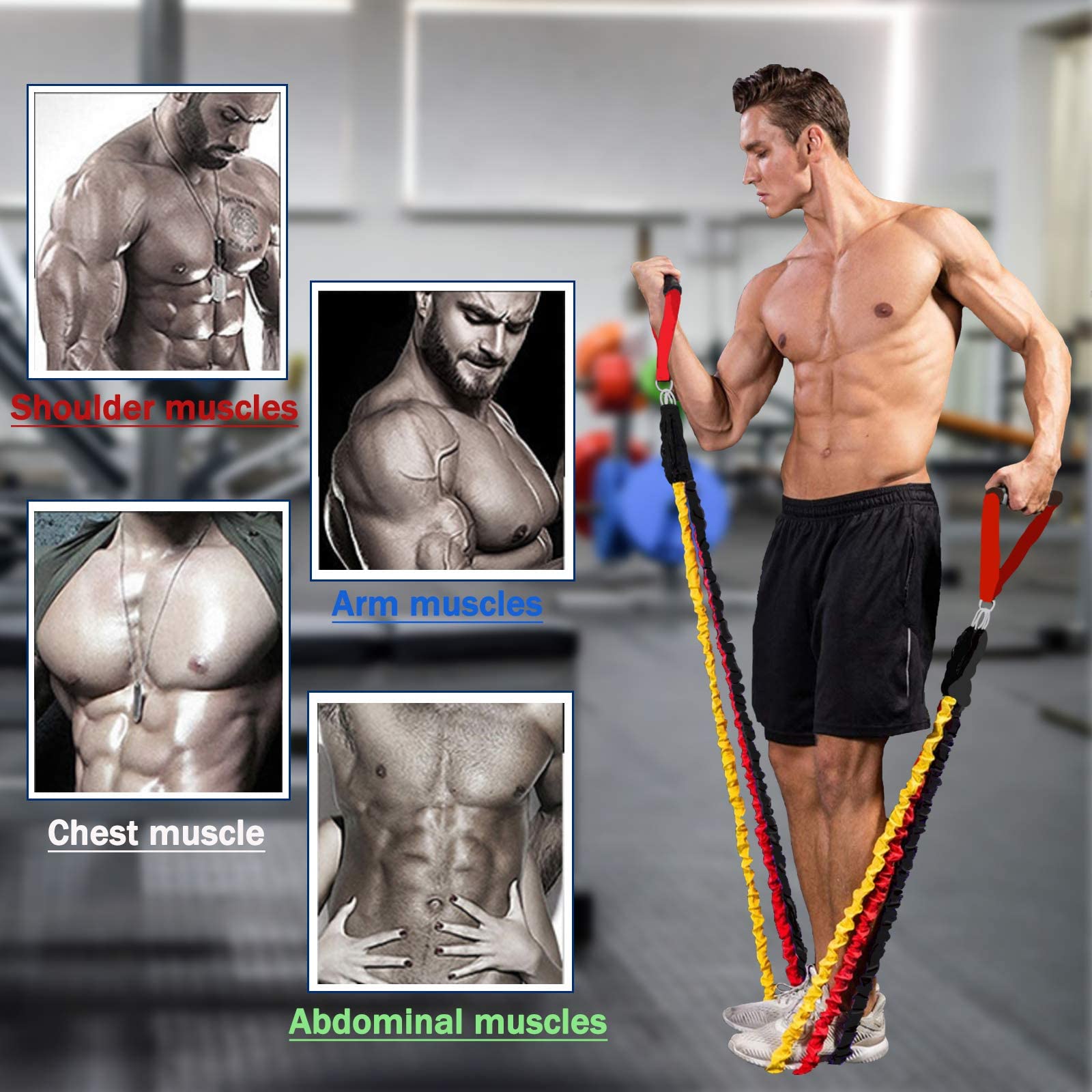 YEAHTOP Set de Bandas de Resistencia, Juego de Gomas Elásticas Fitness hasta 150lbs, Cuerdas de Entrenamiento con 5 Tubos de Látex para Ejercicios Físicos, Crossfit, Musculación, Deporte para Gym/Casa