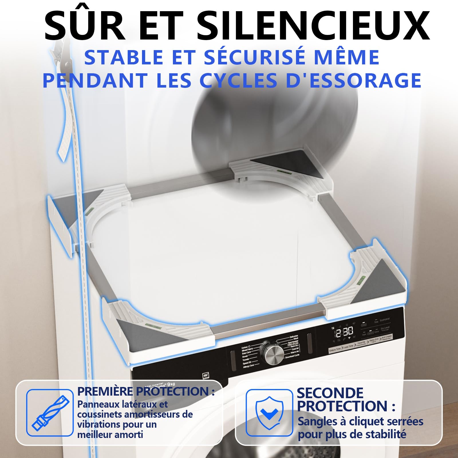 Slimline Kit d'empilage pour Lave-Linge et sèche-Linge, Cadre Universel Ultra Fin pour appareils de 45 à 68 cm, Design Peu encombrant avec Sangle à cliquet et 4 Crochets Multifonctions (Blanc)