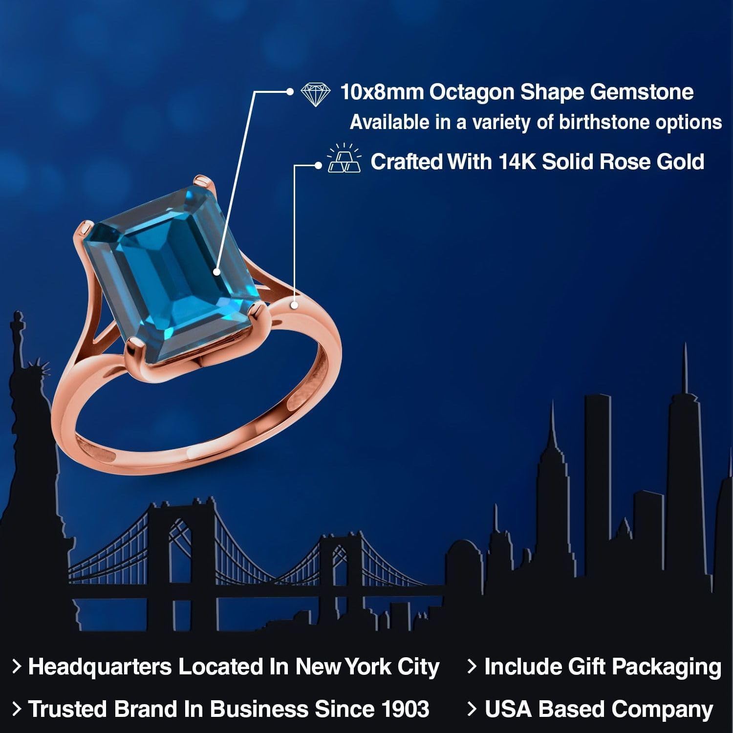 Gem Stone King 14K Rose Gold 11x9mm Emerald Cut Gemstone Birthstone Engagement Ring | Wedding Engagement Anniversary Promise Ring | Rose Gold Ring For Women