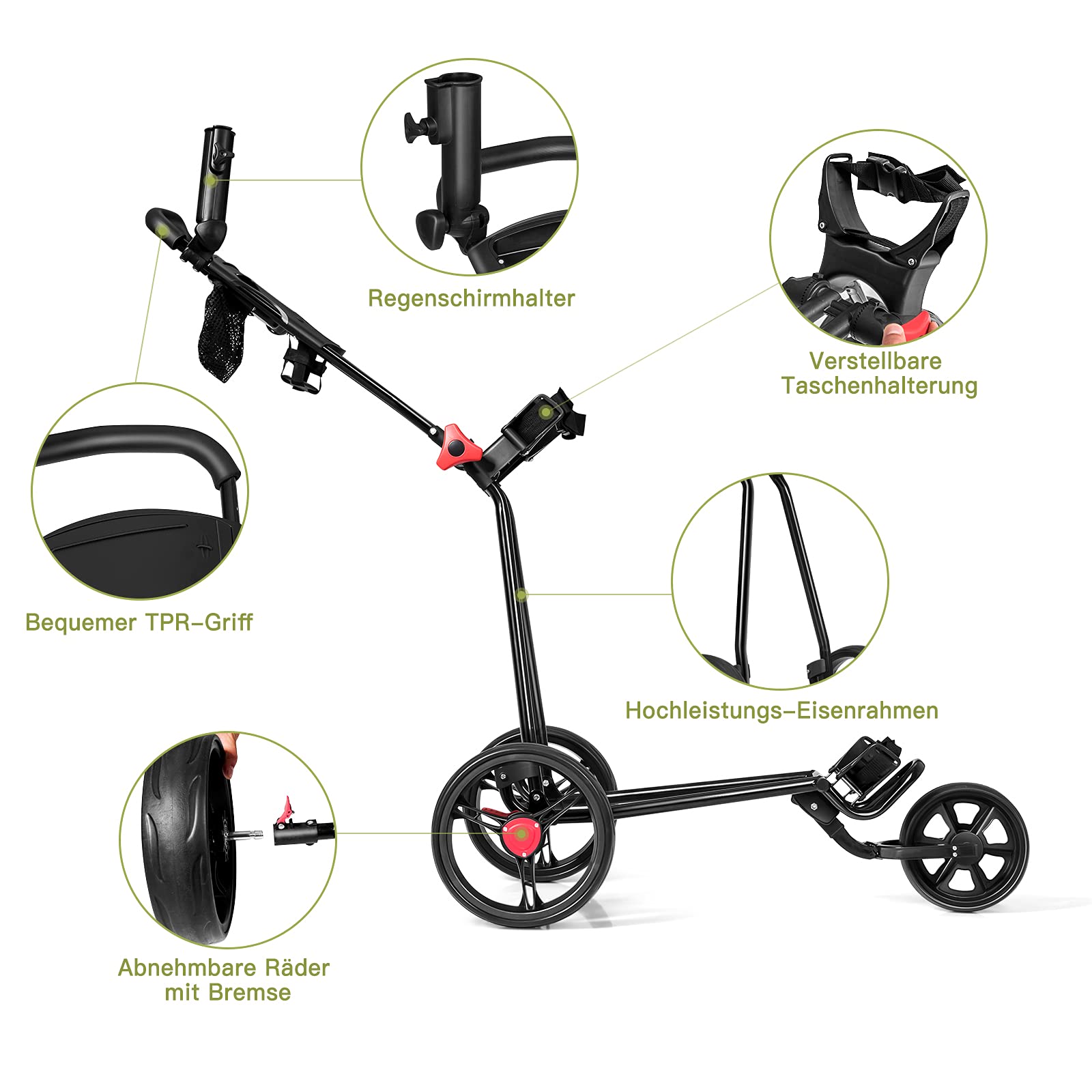 COSTWAY Golftrolley, Golftrolley 3 Rad Klappbar, Golf Trolley, Golfwagen Klappbar, Golf Trolleys, Golf Cart | mit verstellbarem Griff & Halter für Schirm, Tassen, Telefon