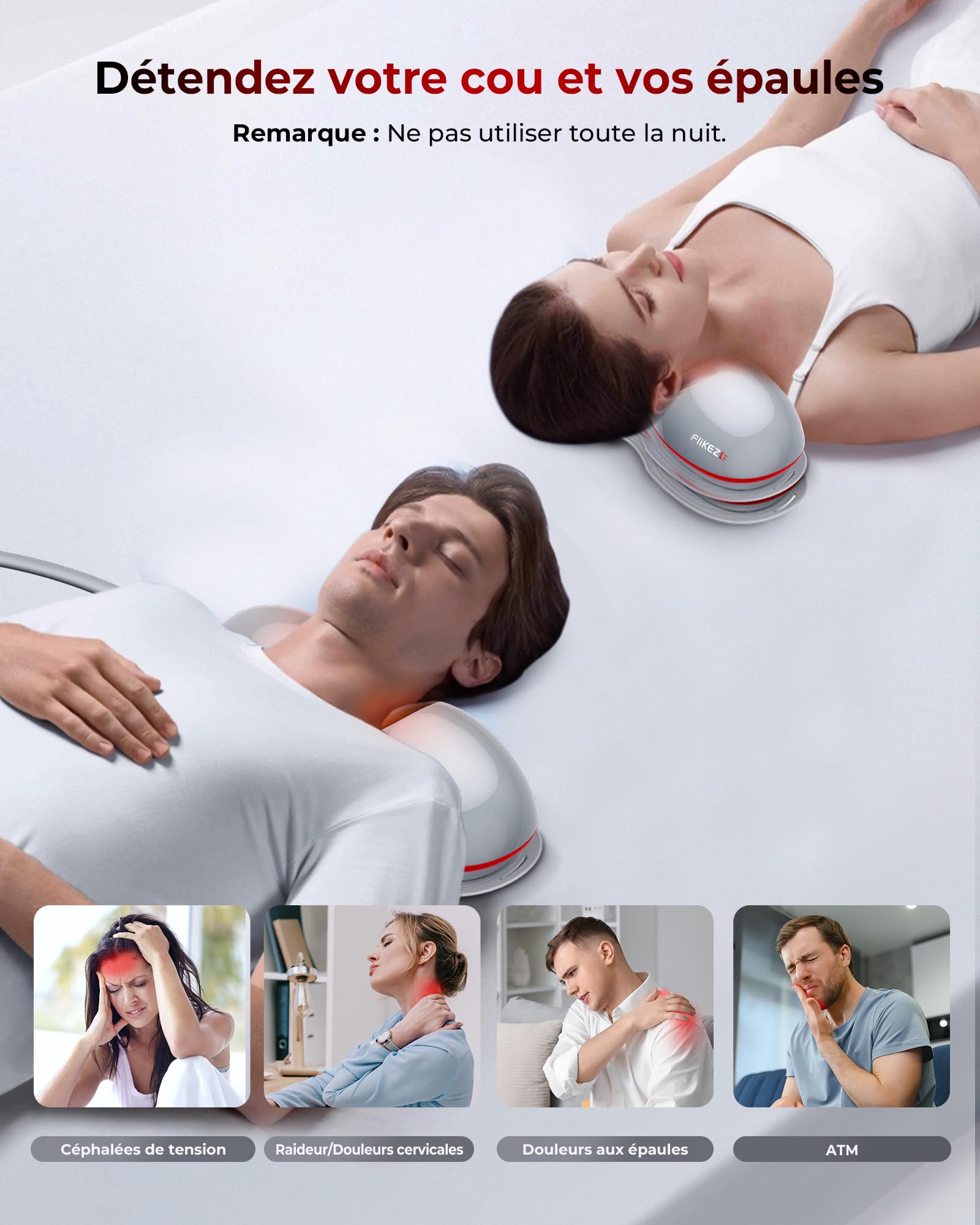 FliKEZE Étireur de cou chauffant avec thérapie par la lumière rouge, appareil de traction cervicale sans fil pour soulager la douleur TMJ et relaxer les épaules, coussin de massage de traction du cou