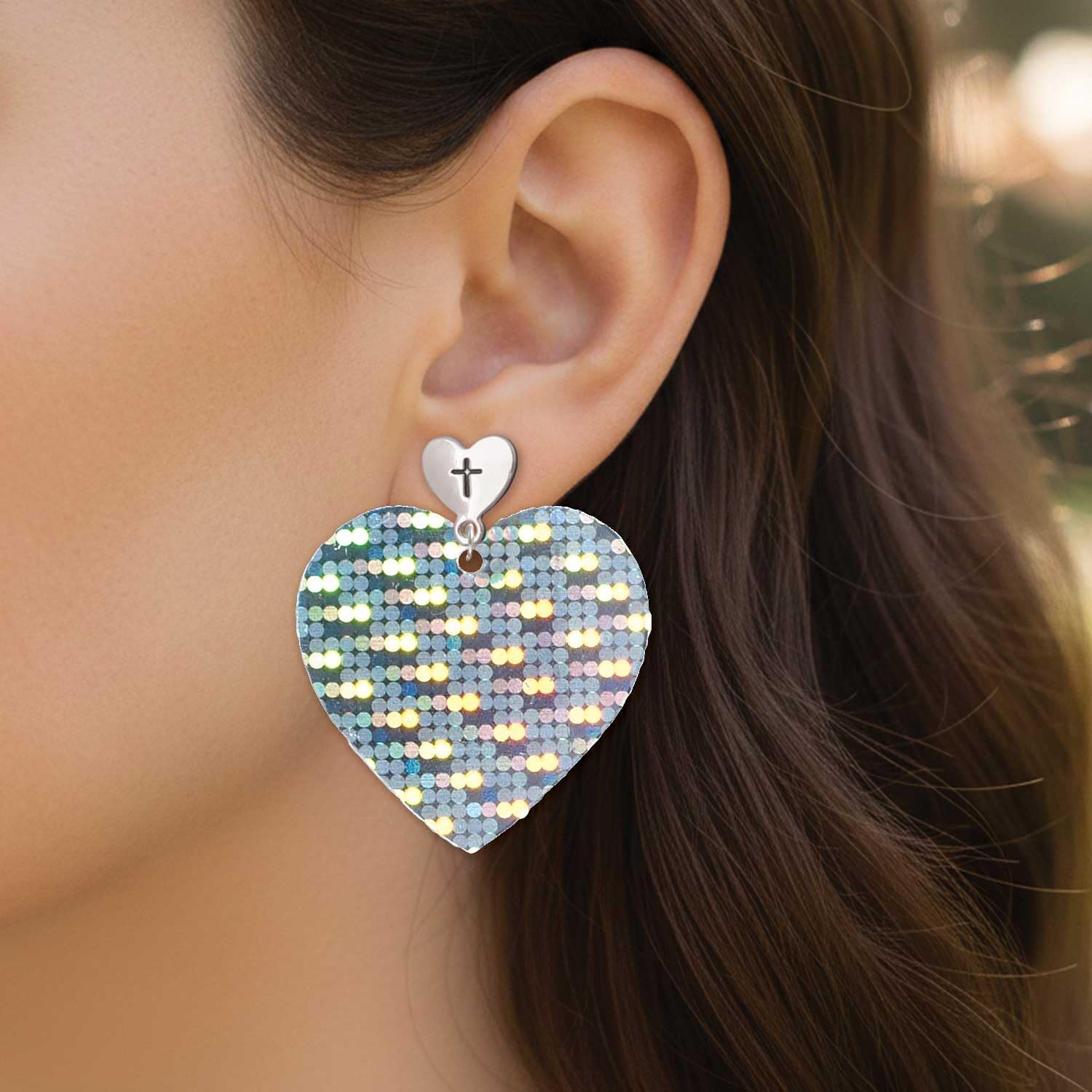 Delight Jewelry Acrylic Hologram Heart Silvertone Cross in Heart Post Dangle Earrings