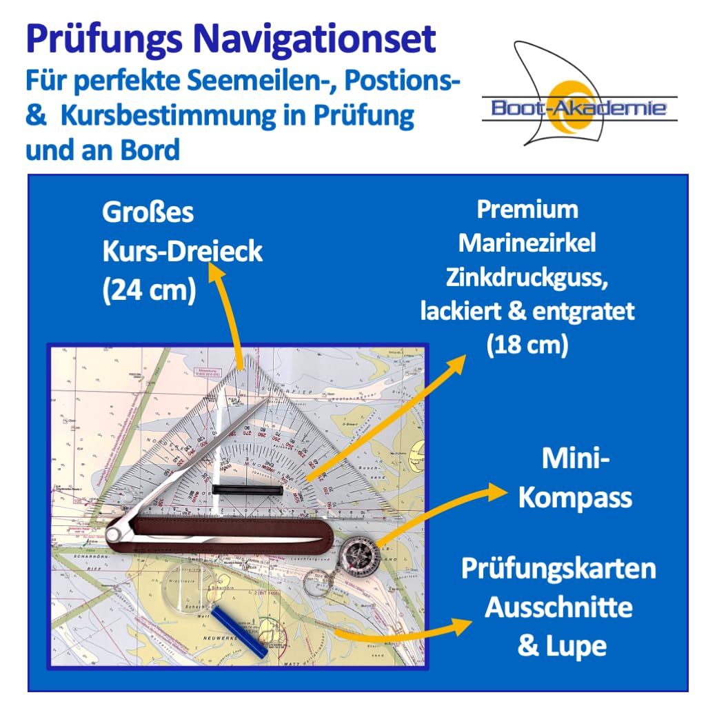Navigations-Komplettset SBF See & SKS – Kursdreieck, Anlegedreieck, Marinezirkel, Navigationsaufgaben mit Lösungen, Skipperhandbuch, Knotenstab, 2 Leinen, Lupe, Kompass & 50-Euro-Wertgutschein