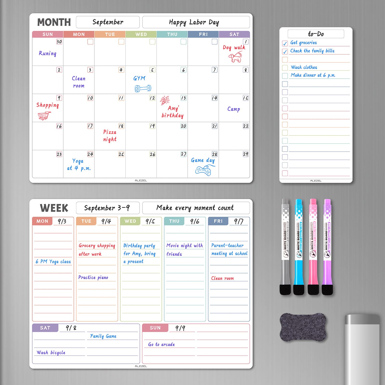 Magnetic Dry Erase Refrigerator Calendar, Dry Erase Calendar White Board Set for Fridge - Magnetic Monthly & Weekly Planner with List Board, 4 Markers + Eraser