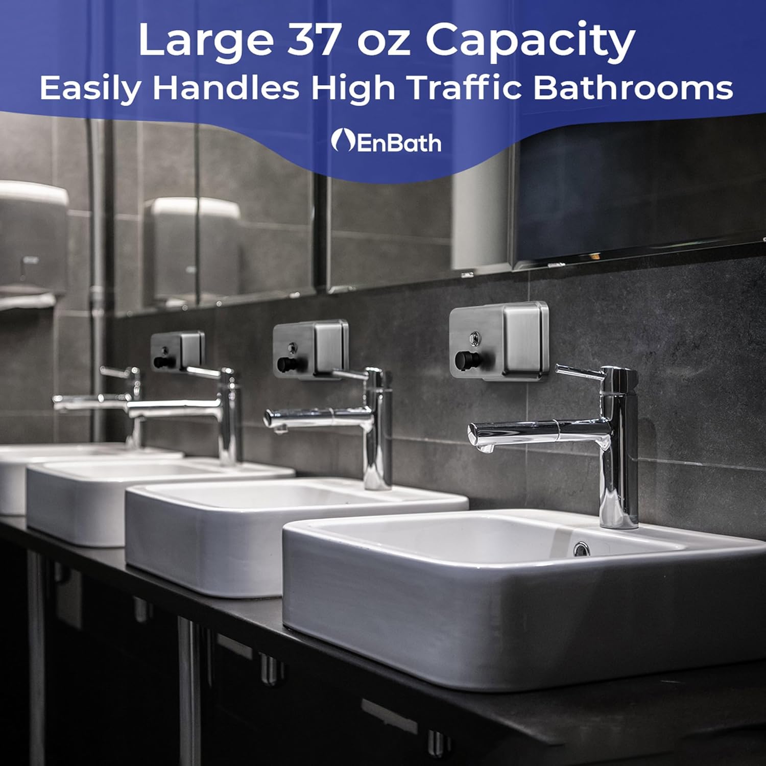 Commercial Soap Dispenser Wall Mount (37oz) Horizontal, Heavy Duty, Stainless Steel Hand Soap Dispenser for Bathrooms with Corrosion Proof Lining and Anti-Leak, Patent-Pending Pump Design