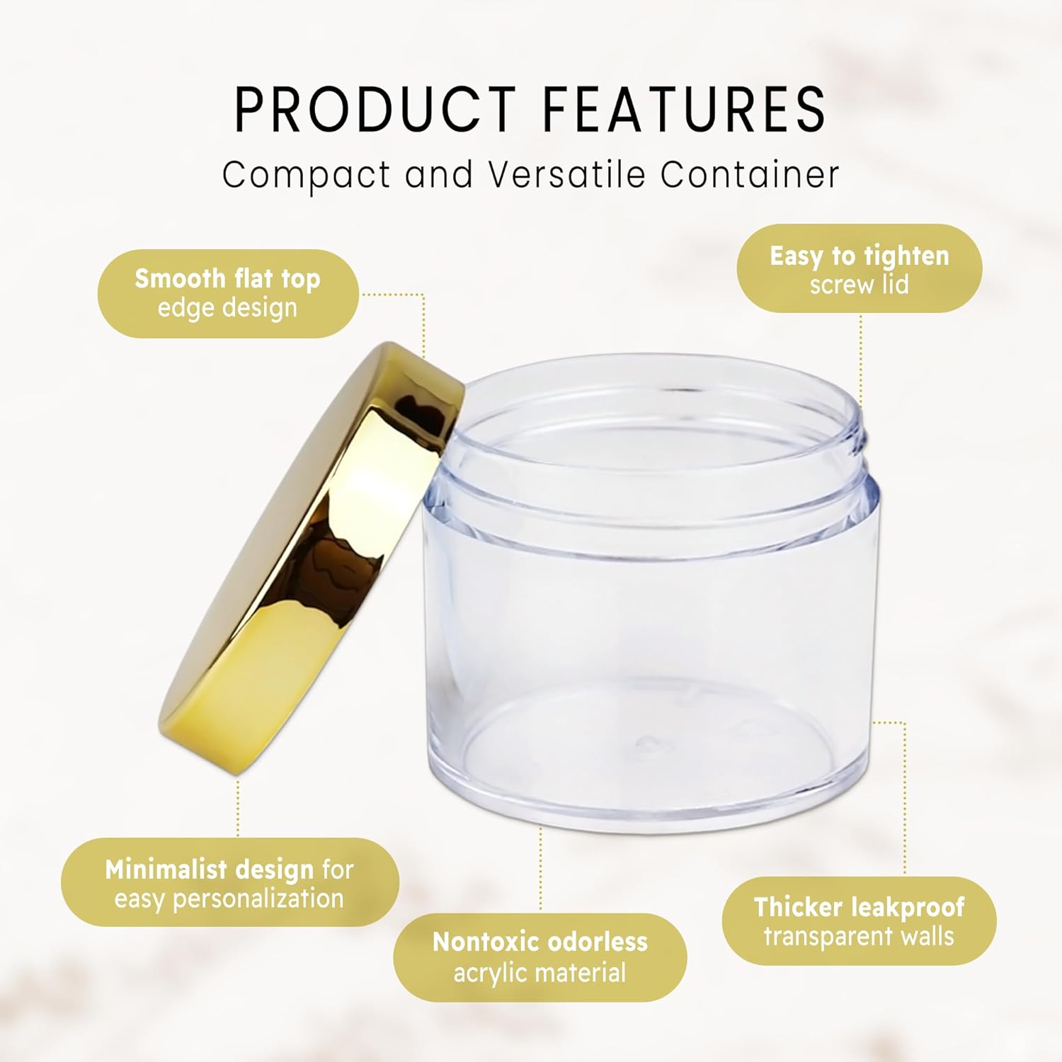 Beauticom 60 Grams/60 ML (2 Oz) Round Clear Leak Proof Plastic Container Jars with Gold Lids for Travel Storage Makeup Cosmetic Lotion Scrubs Creams Oils Salves Ointments (384 Jars)