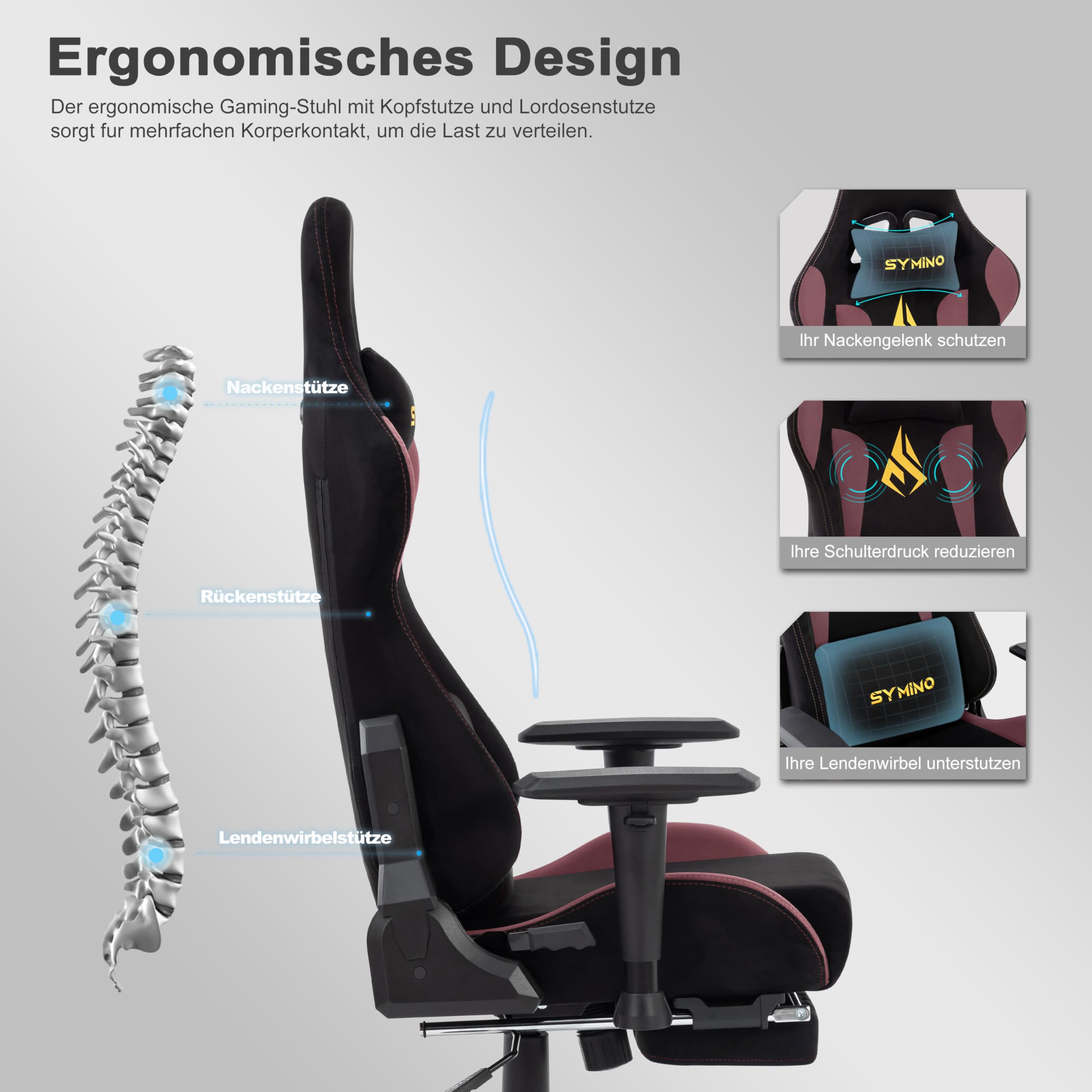 Symino Sedia da gioco ergonomica e poltrona gamer con poggiapiedi telescopico, cuscino a molle, supporto lombare e altezza regolabile 200 kg